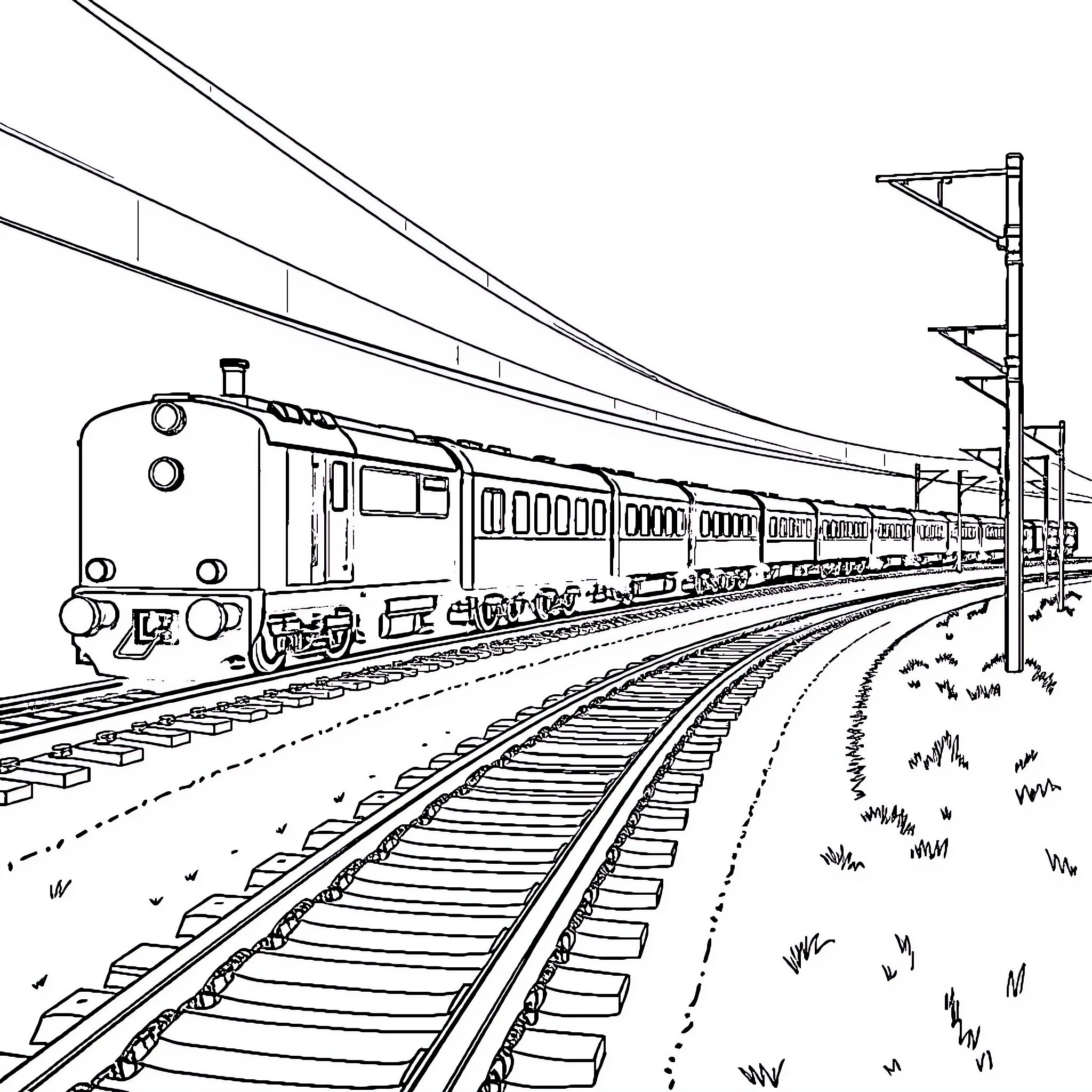 Train passing through railroad tracks in landscape Coloring Page (free black-and-white line drawing printable PDF for all, from beginners to advanced learners, including children, teens, adults, and seniors)