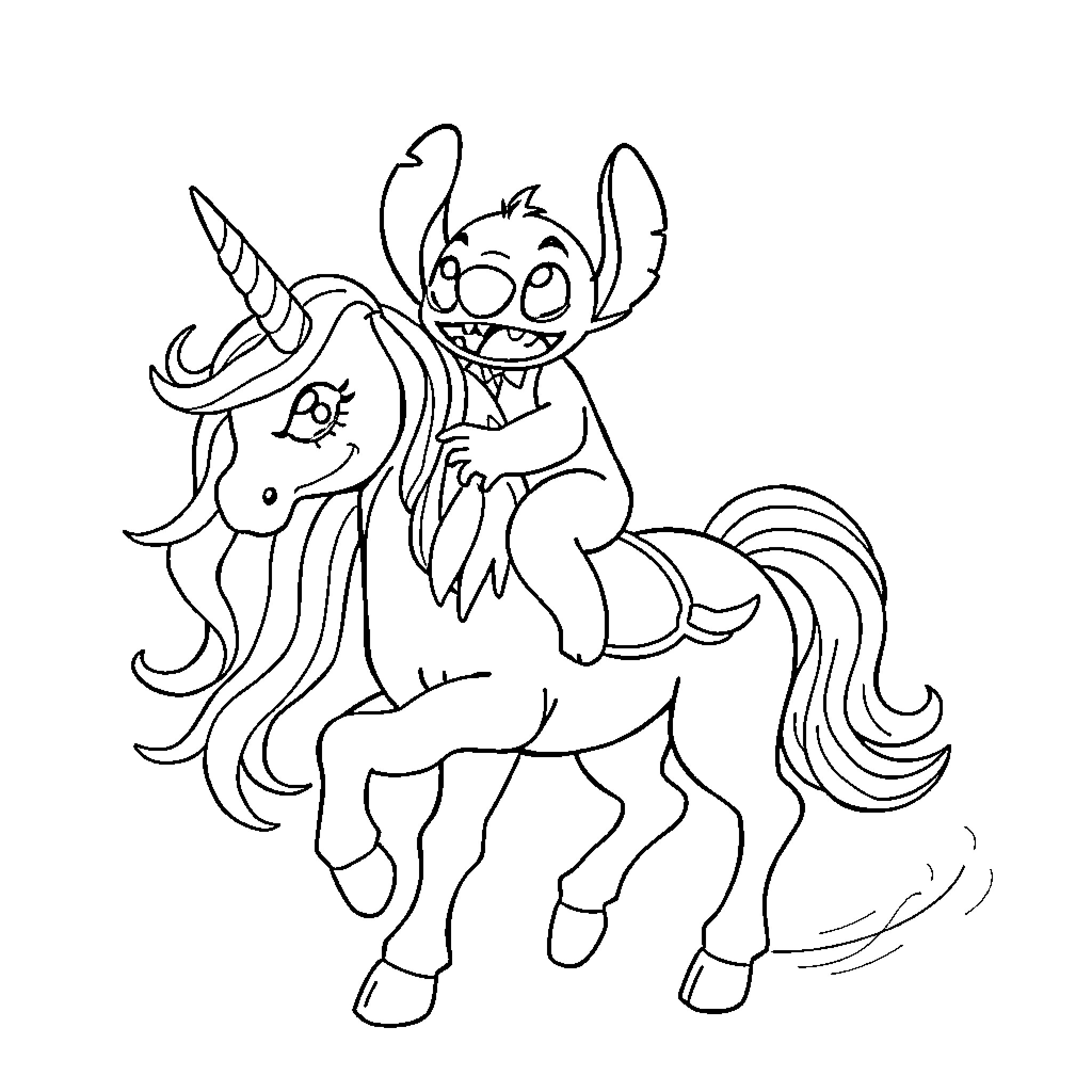 Stitch riding a magical unicorn Coloring Page (free black-and-white line drawing printable PDF for all, from beginners to advanced learners, including children, teens, adults, and seniors)