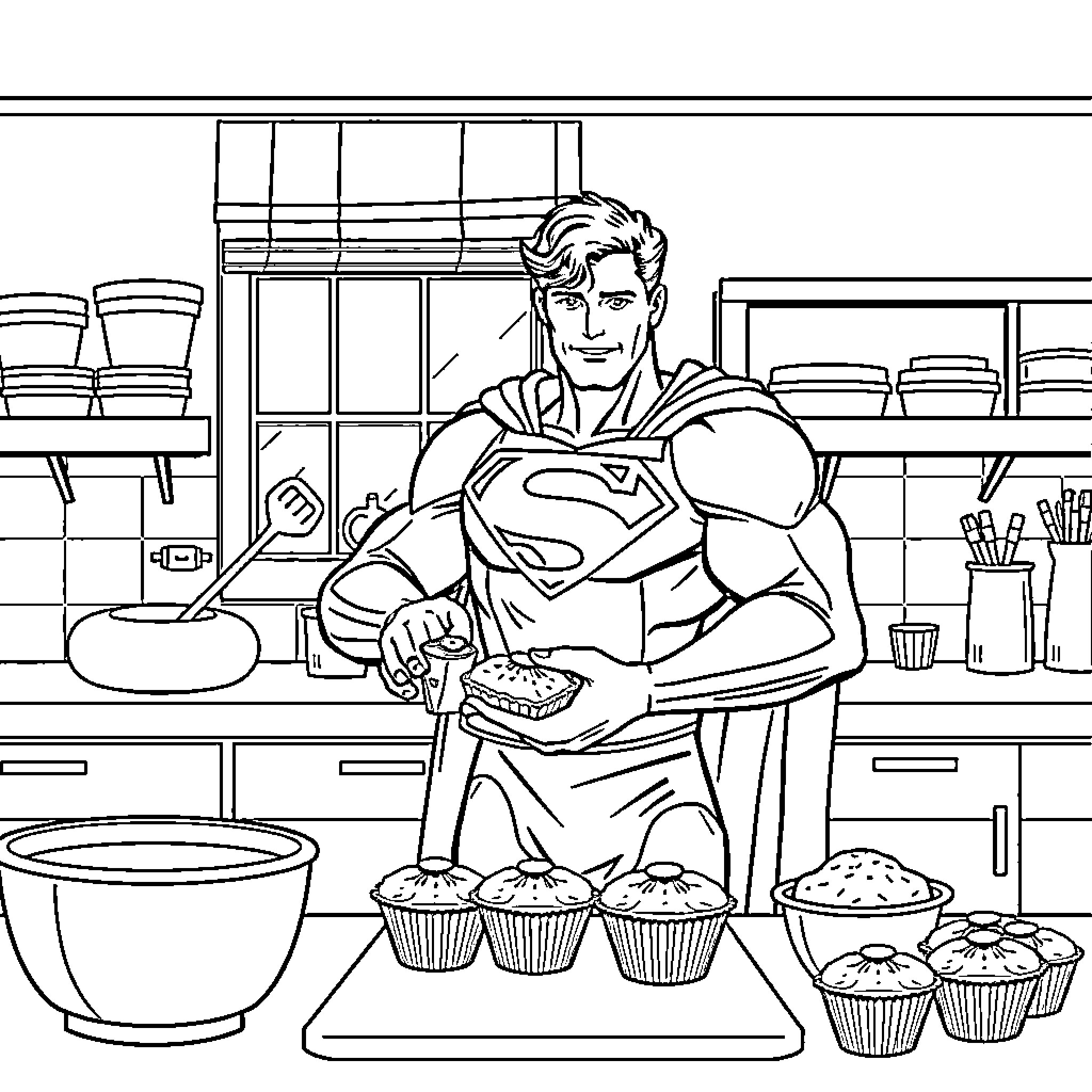 Superman baking in the kitchen Coloring Page (free black-and-white line drawing printable PDF for all, from beginners to advanced learners, including children, teens, adults, and seniors)
