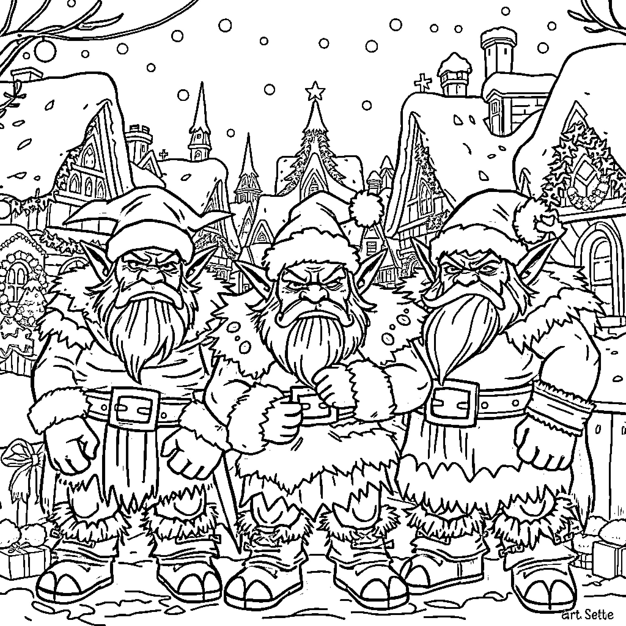 Orc Soldiers Guarding Winter Wonderland Village Coloring Page (free black-and-white line drawing printable PDF for all, from beginners to advanced learners, including children, teens, adults, and seniors)