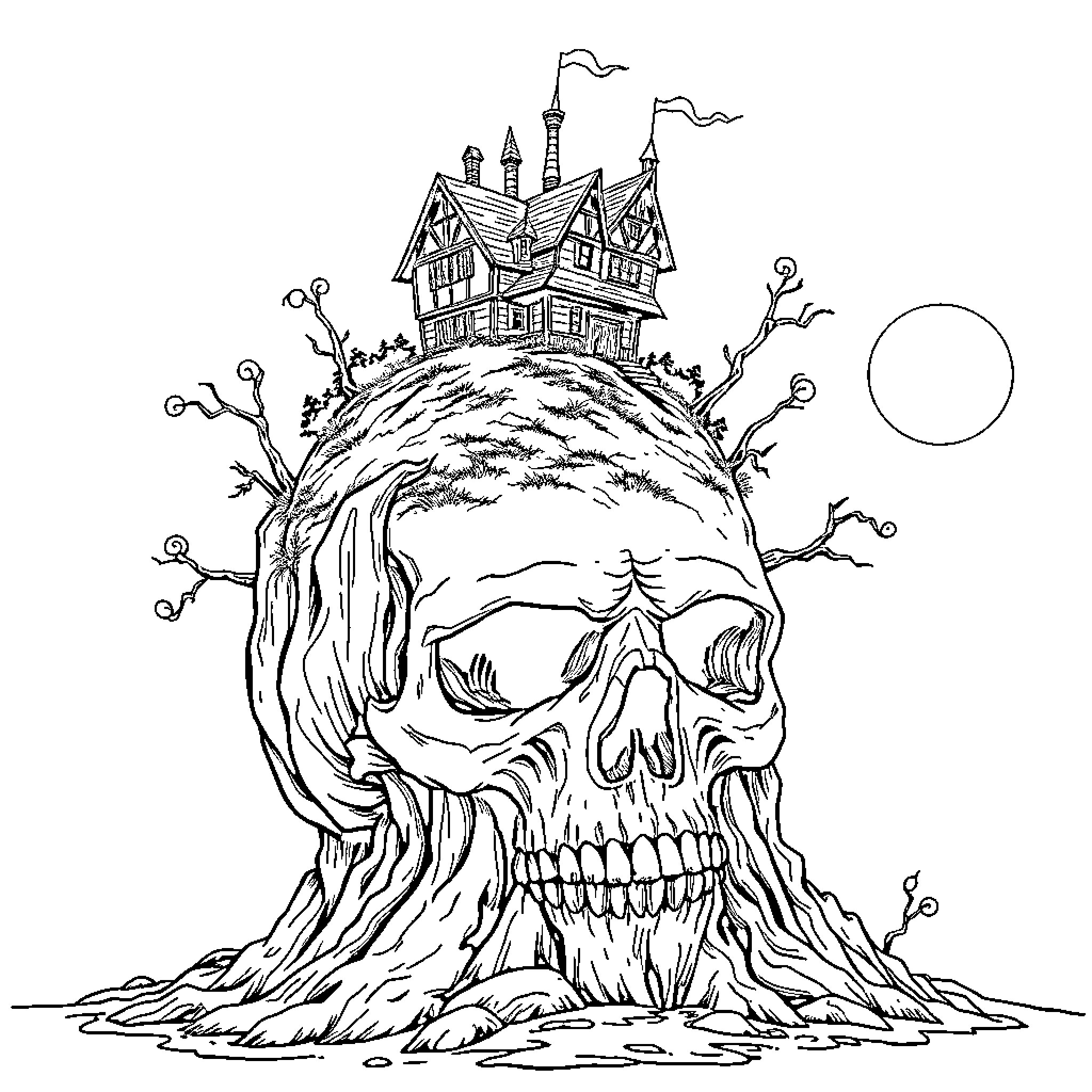 Skull haunted house on creepy hill Coloring Page (free black-and-white line drawing printable PDF for all, from beginners to advanced learners, including children, teens, adults, and seniors)