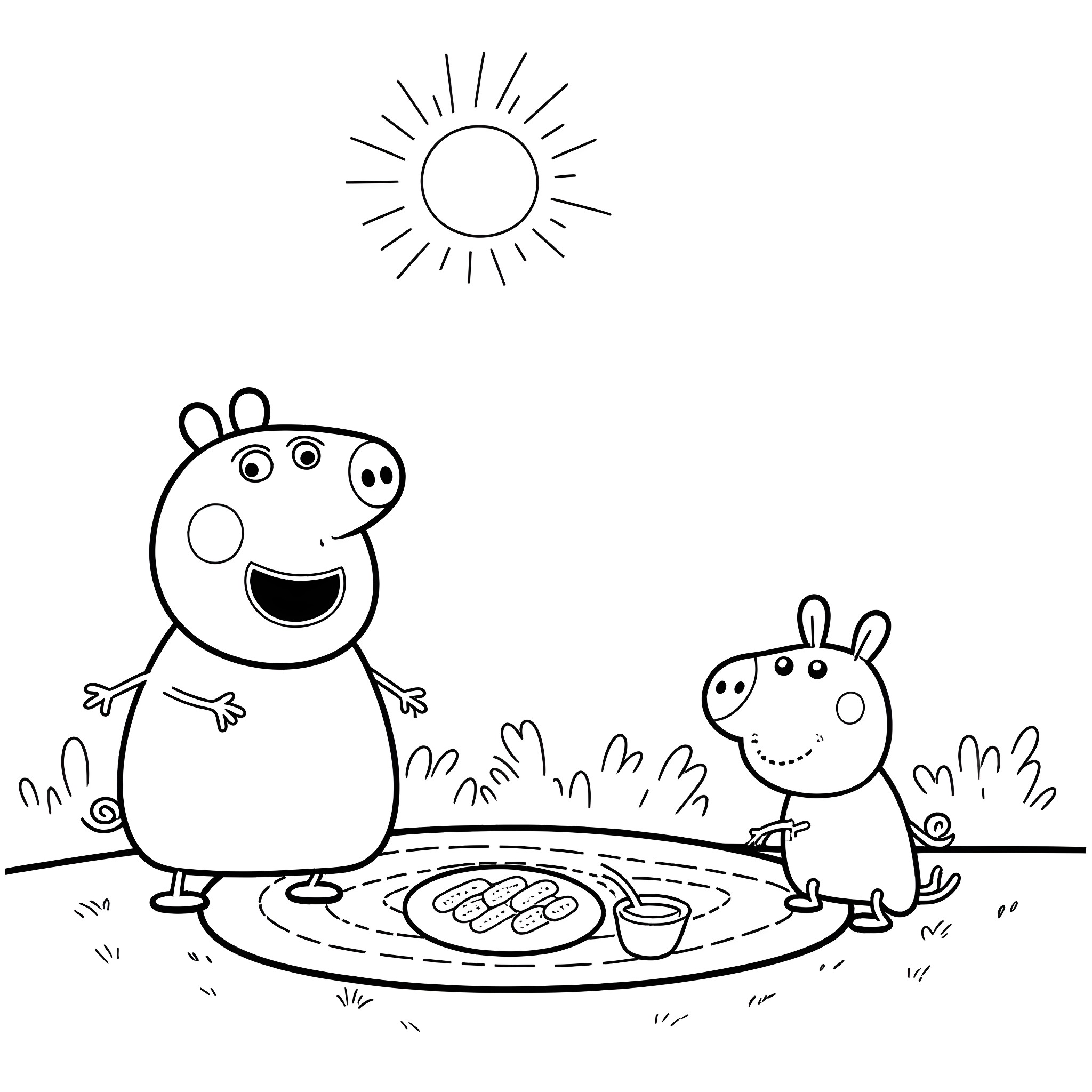 Bluey and Peppa playing in the sunshine Coloring Page (free black-and-white line drawing printable PDF for all, from beginners to advanced learners, including children, teens, adults, and seniors)