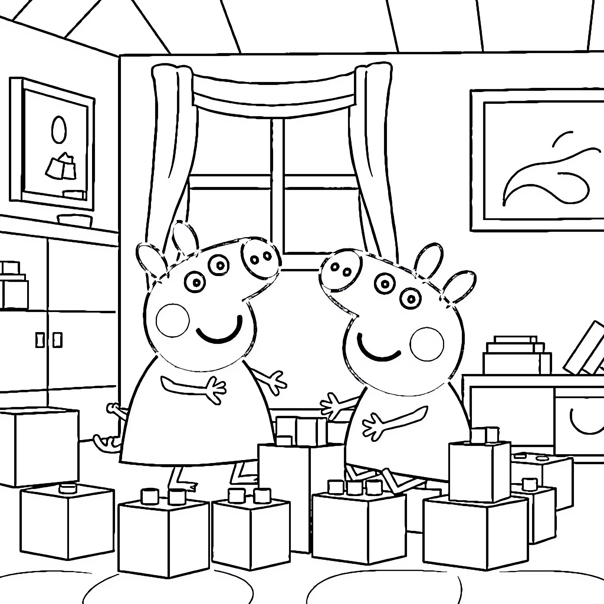 Peppa Pig and friends playing with toys in room Coloring Page (free black-and-white line drawing printable PDF for all, from beginners to advanced learners, including children, teens, adults, and seniors)