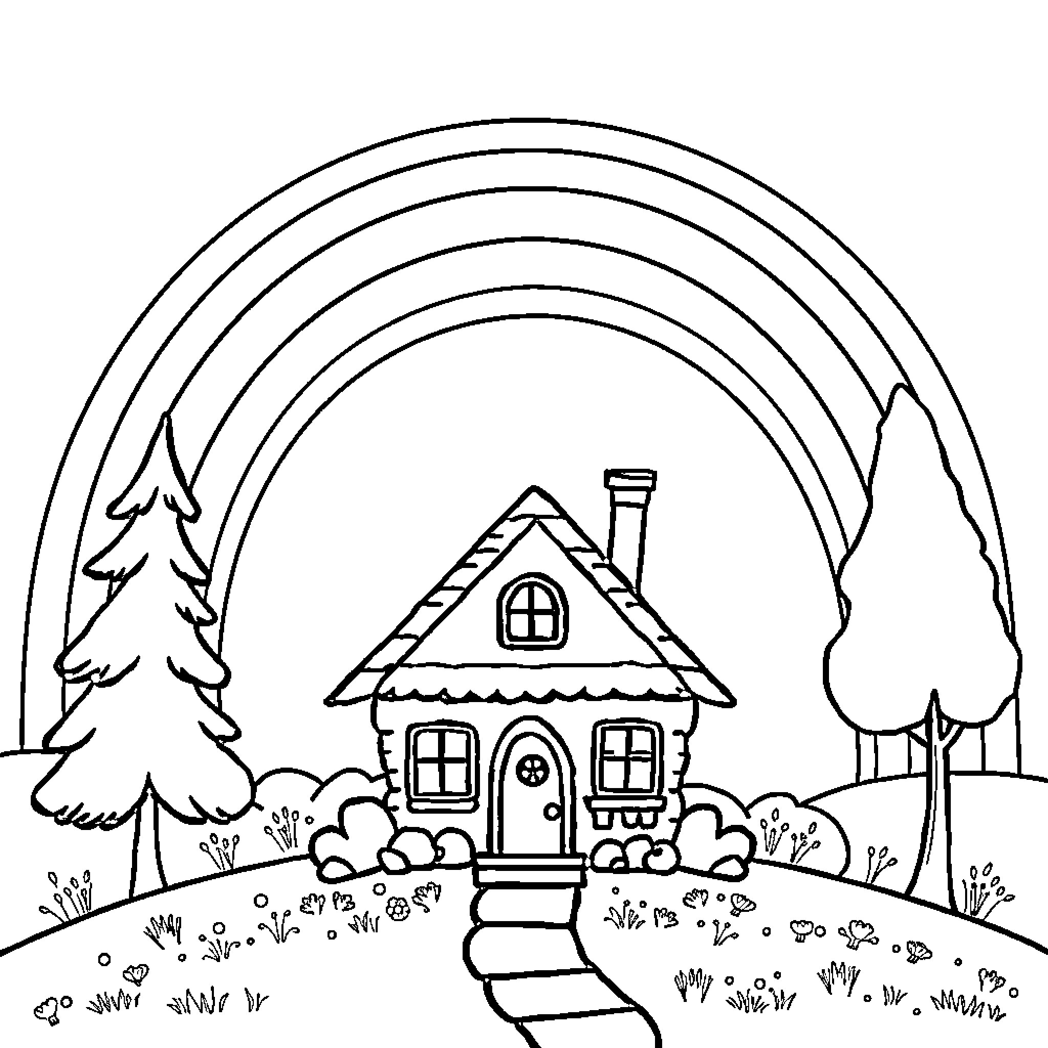 House with Charming Cottage in Lush Landscape Coloring Page (free black-and-white line drawing printable PDF for all, from beginners to advanced learners, including children, teens, adults, and seniors)
