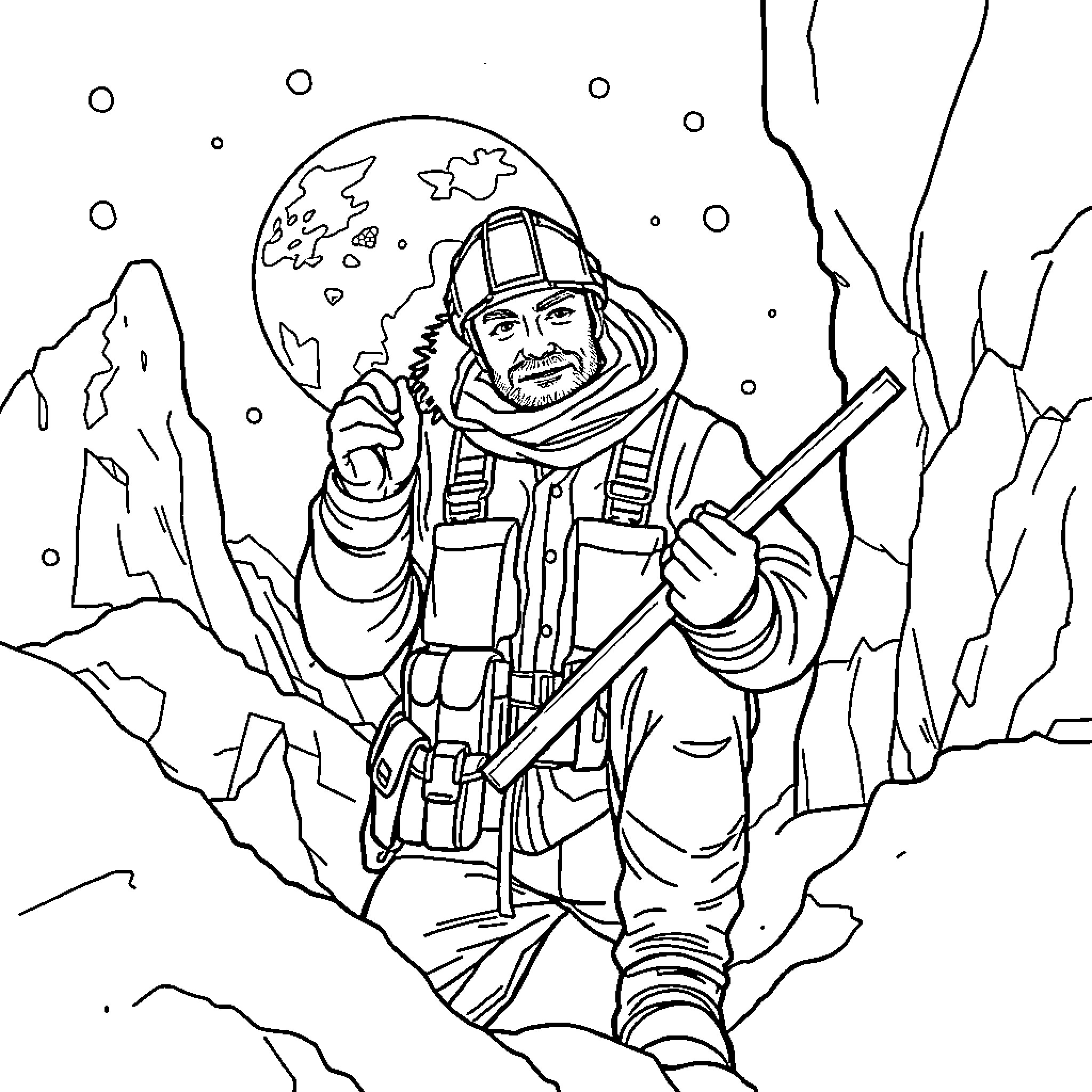 Contractor Exploring Rugged Terrain with Gear Coloring Page (free black-and-white line drawing printable PDF for all, from beginners to advanced learners, including children, teens, adults, and seniors)