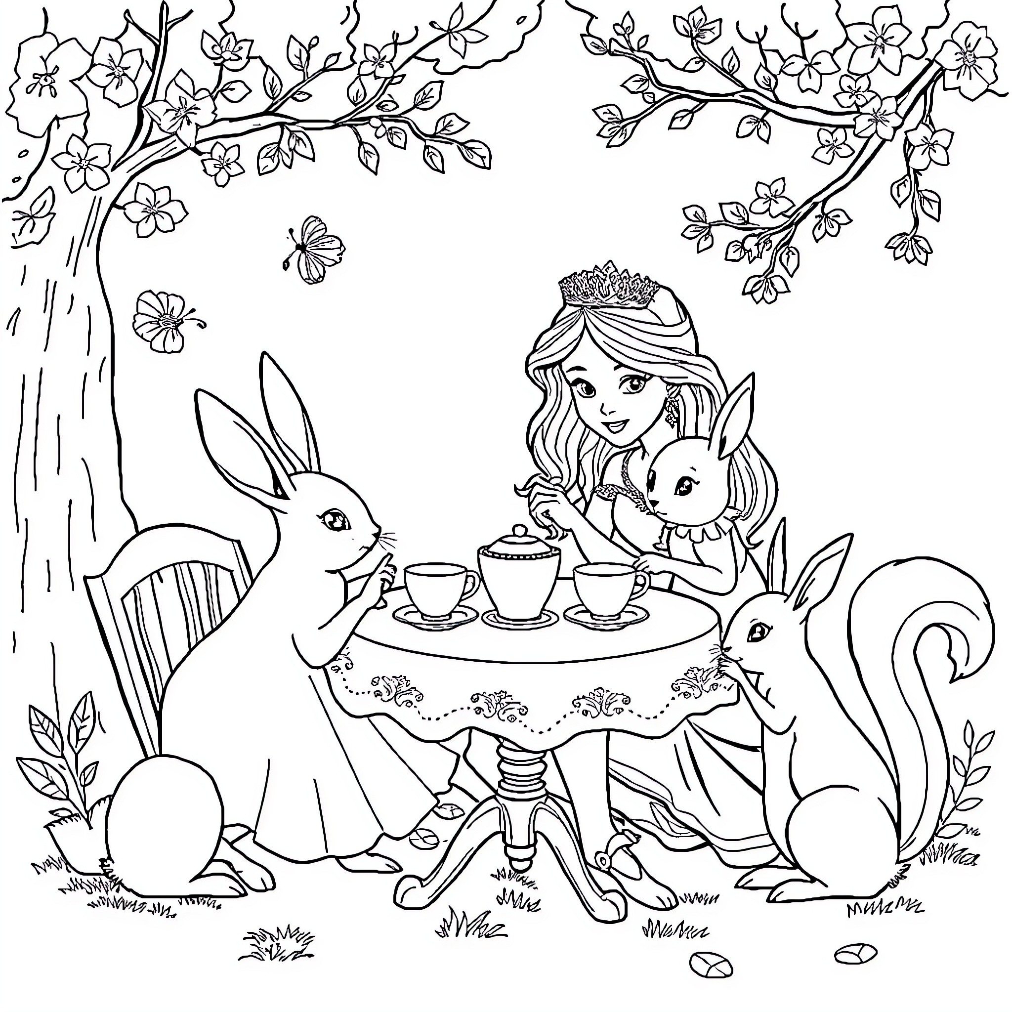 Princess Enjoying Tea Time with Forest Friends Coloring Page (free black-and-white line drawing printable PDF for all, from beginners to advanced learners, including children, teens, adults, and seniors)
