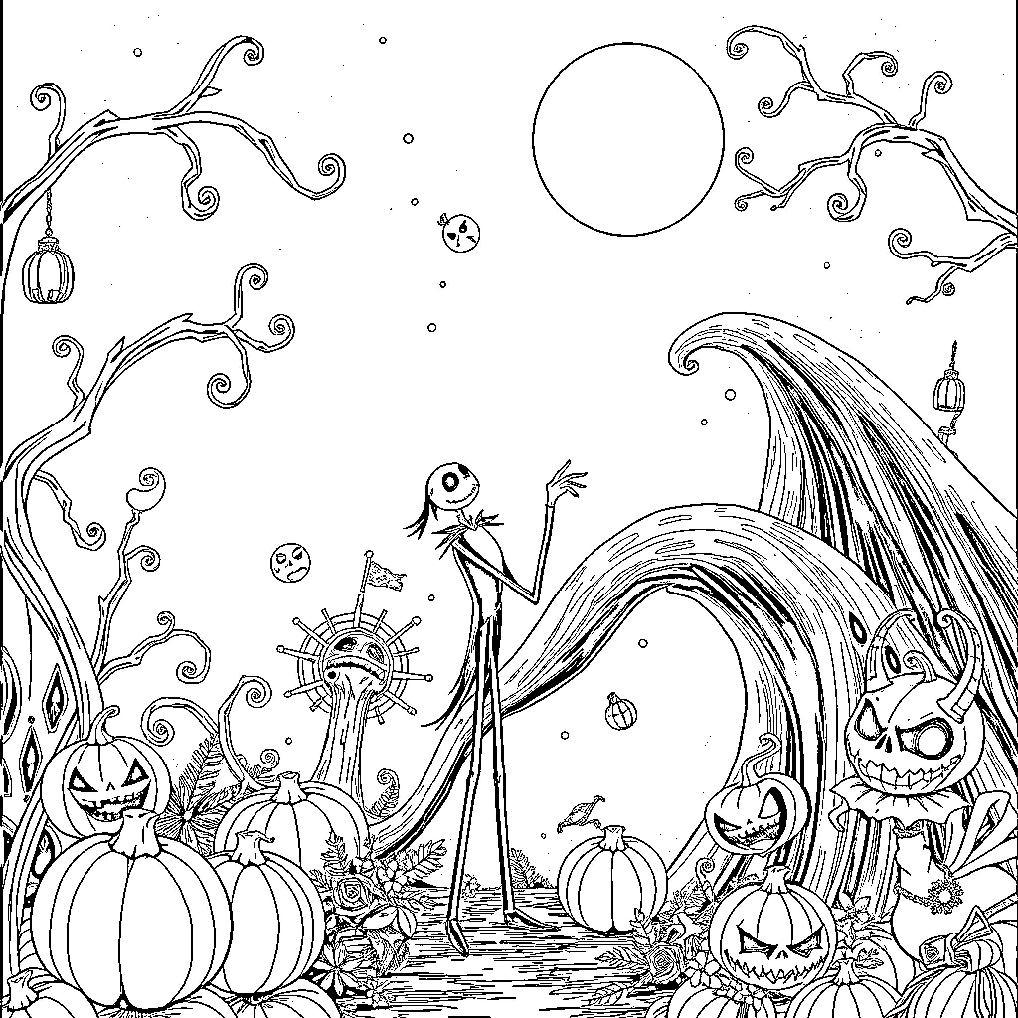Nightmare Before Christmas Spooky Pumpkin Patch Adventure Coloring Page (free black-and-white line drawing printable PDF for all, from beginners to advanced learners, including children, teens, adults, and seniors)