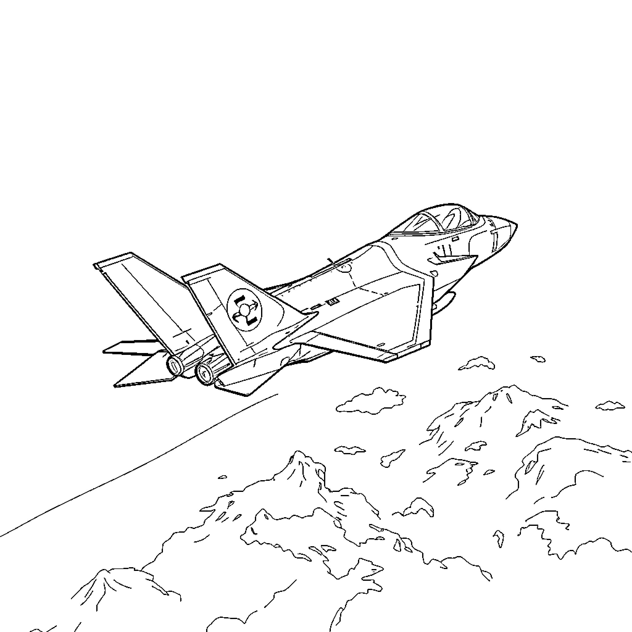F35 fighter jet soaring above mountainous terrain Coloring Page (free black-and-white line drawing printable PDF for all, from beginners to advanced learners, including children, teens, adults, and seniors)