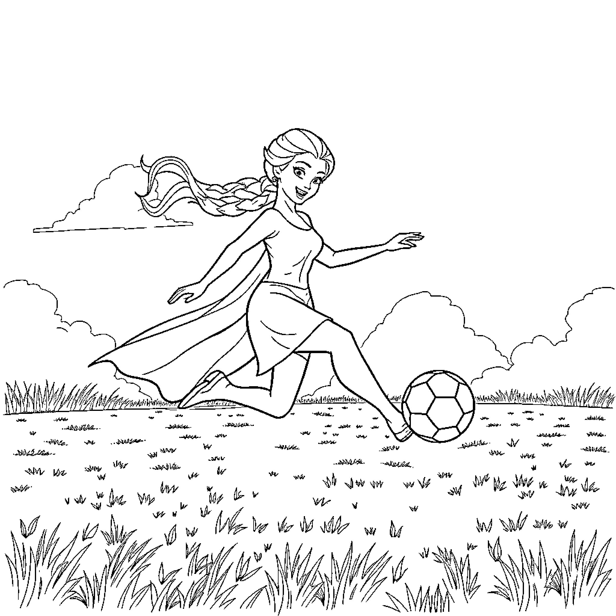 Elsa playing with a soccer ball outdoors Coloring Page (free black-and-white line drawing printable PDF for all, from beginners to advanced learners, including children, teens, adults, and seniors)