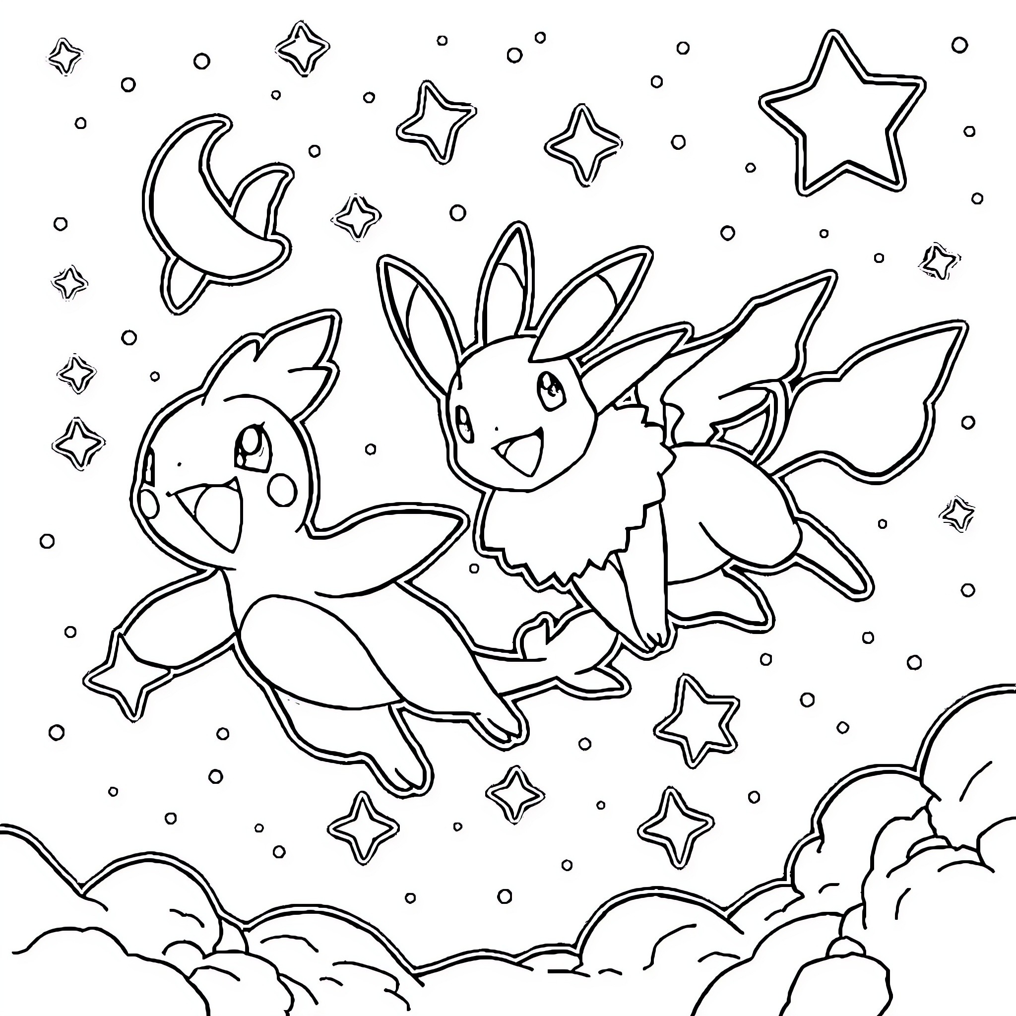 Pokémon characters exploring the starry night sky Coloring Page (free black-and-white line drawing printable PDF for all, from beginners to advanced learners, including children, teens, adults, and seniors)