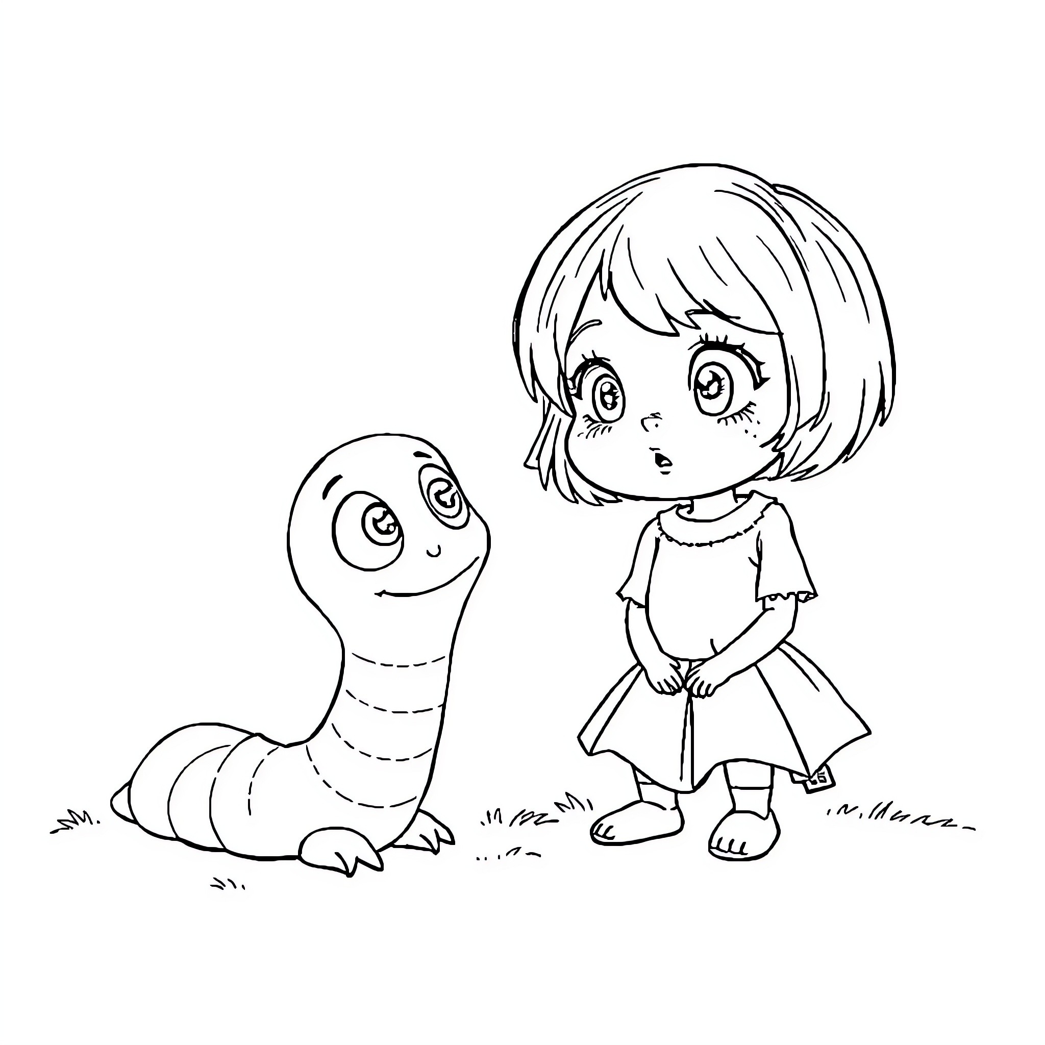 Glow Worm and Girl Explore the Outdoors Coloring Page (free black-and-white line drawing printable PDF for all, from beginners to advanced learners, including children, teens, adults, and seniors)