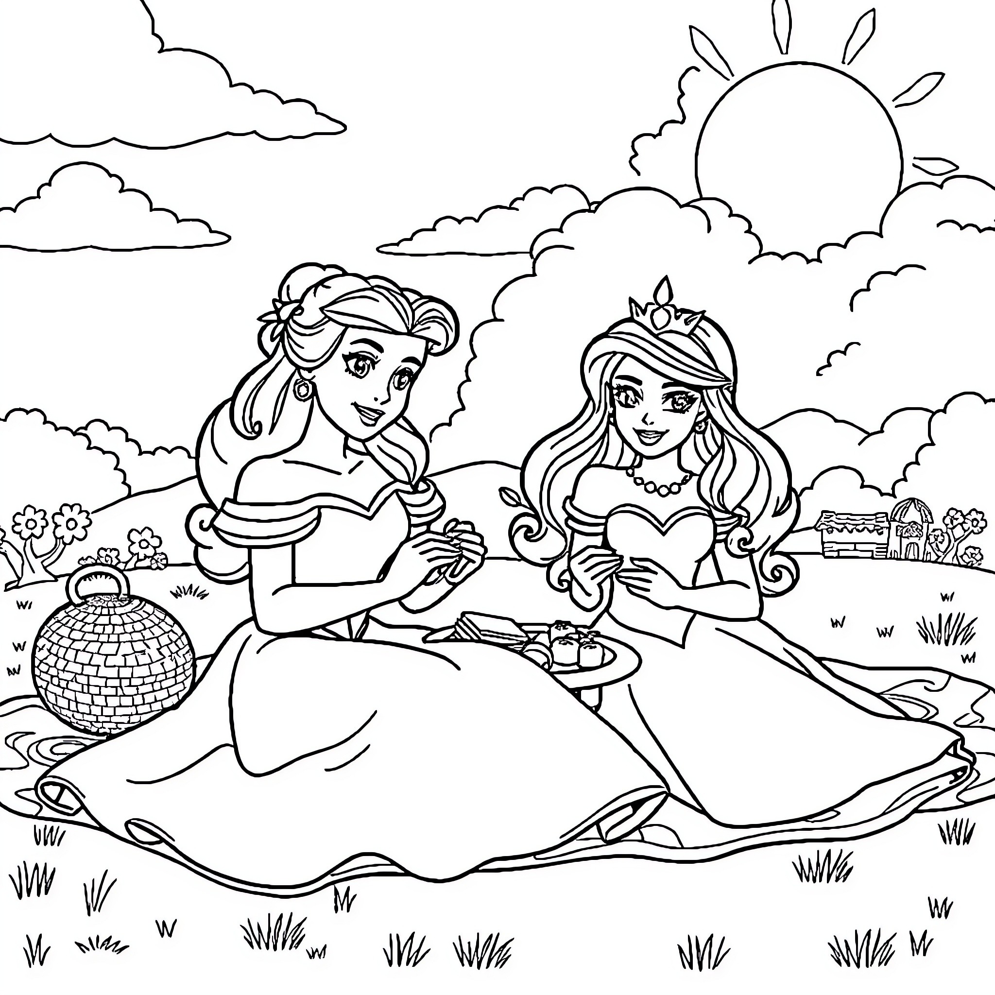 Princess Sisters Enjoying a Picnic in the Meadow Coloring Page (free black-and-white line drawing printable PDF for all, from beginners to advanced learners, including children, teens, adults, and seniors)