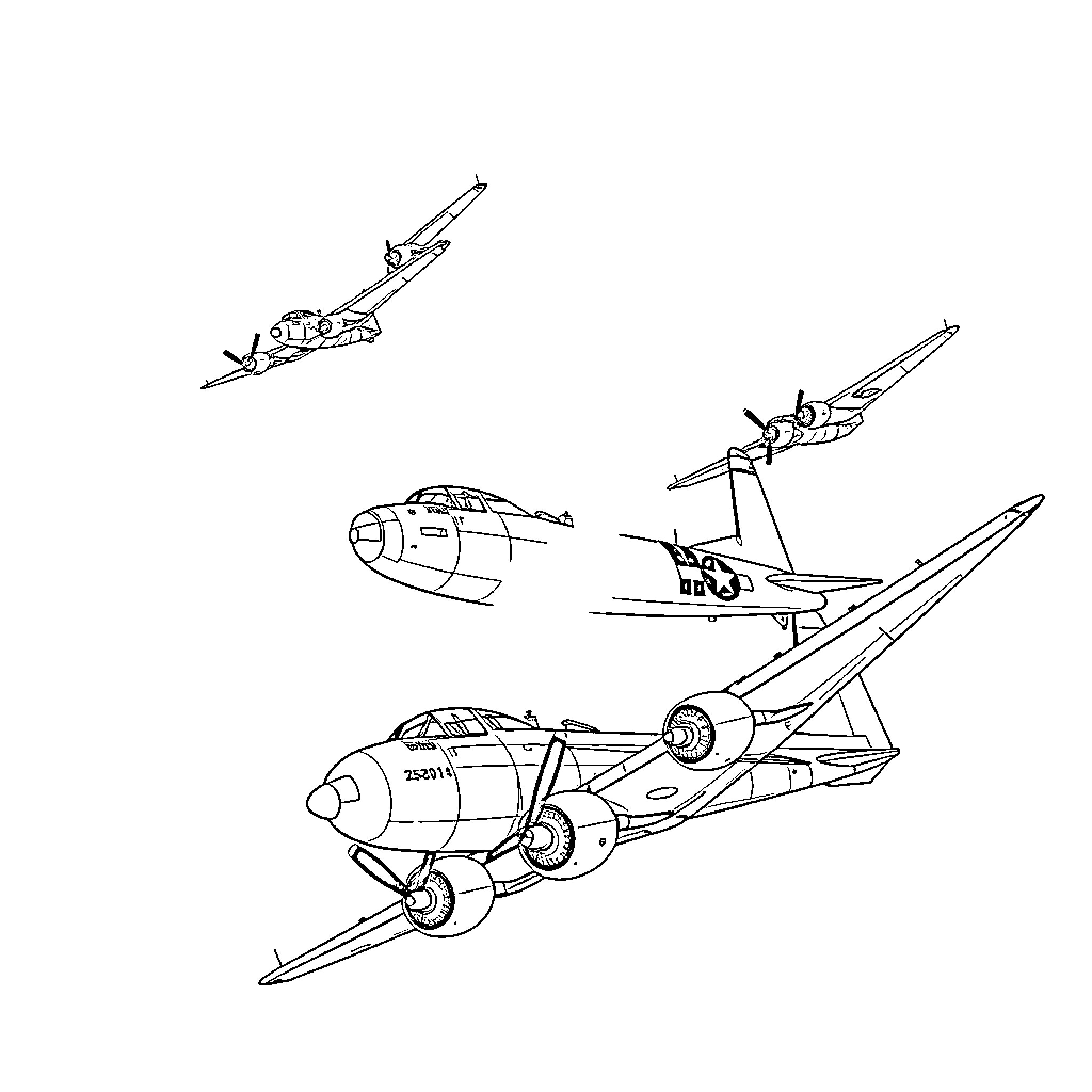 B-17 Bombers in Flight Formation Coloring Page (free black-and-white line drawing printable PDF for all, from beginners to advanced learners, including children, teens, adults, and seniors)