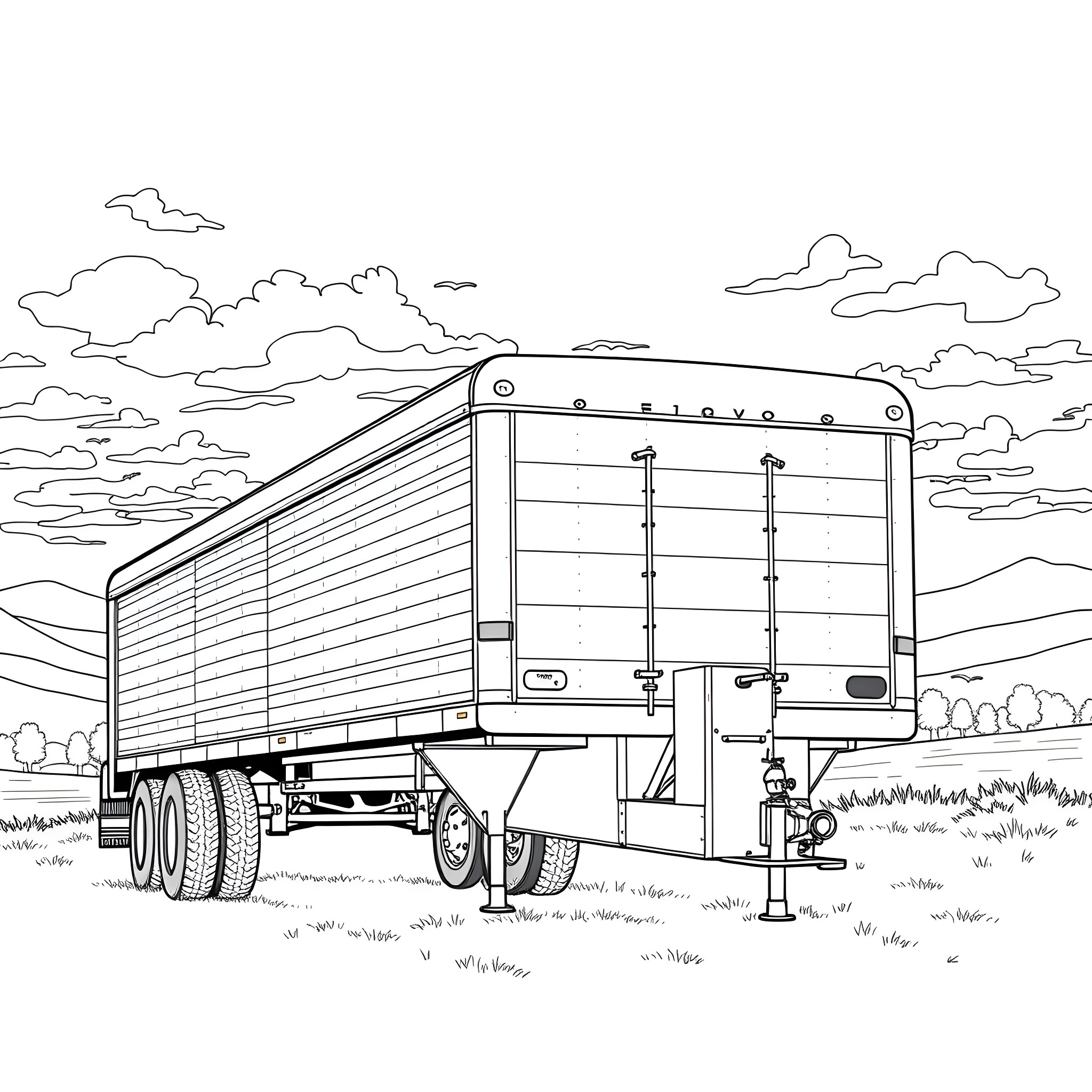 Gooseneck Trailer with Landscape Scenery Coloring Page (free black-and-white line drawing printable PDF for all, from beginners to advanced learners, including children, teens, adults, and seniors)