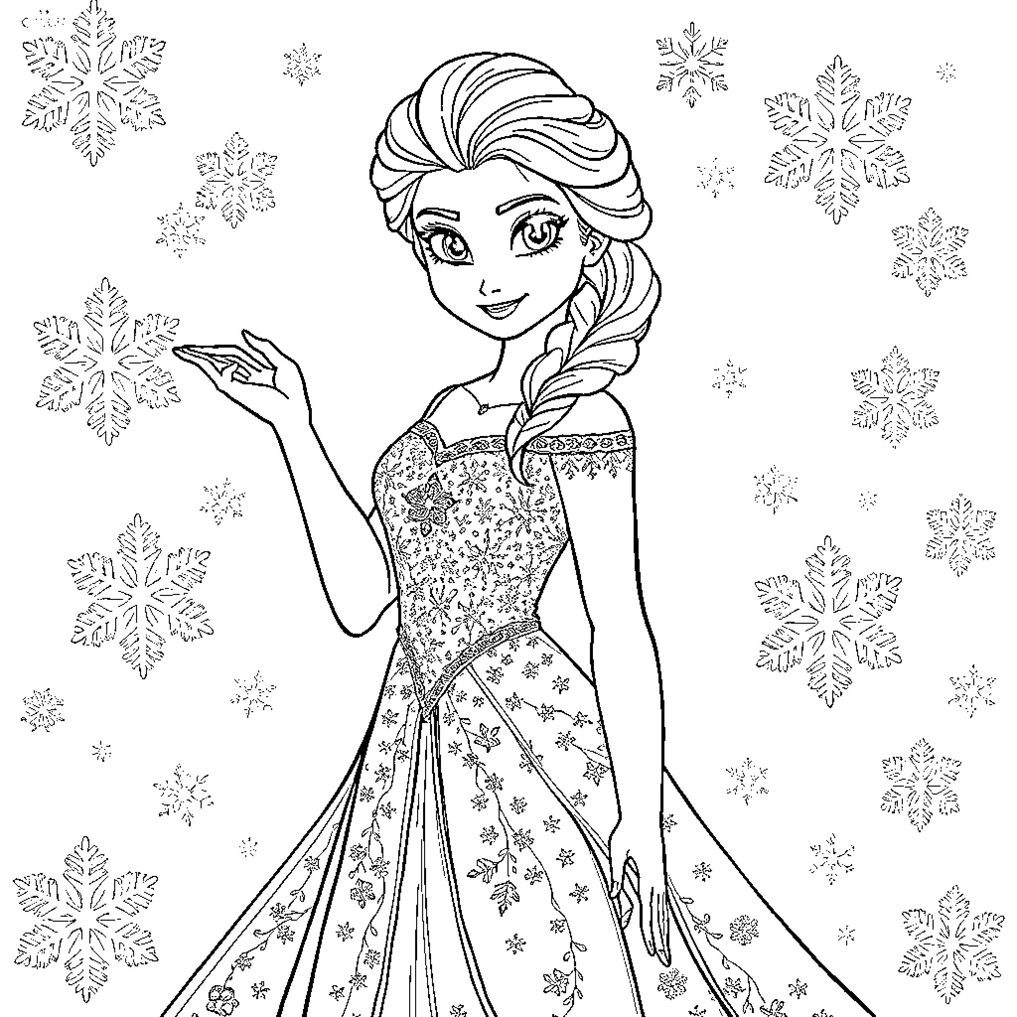 Elsa's Snowy Enchantment Coloring Page (free black-and-white line drawing printable PDF for all, from beginners to advanced learners, including children, teens, adults, and seniors)