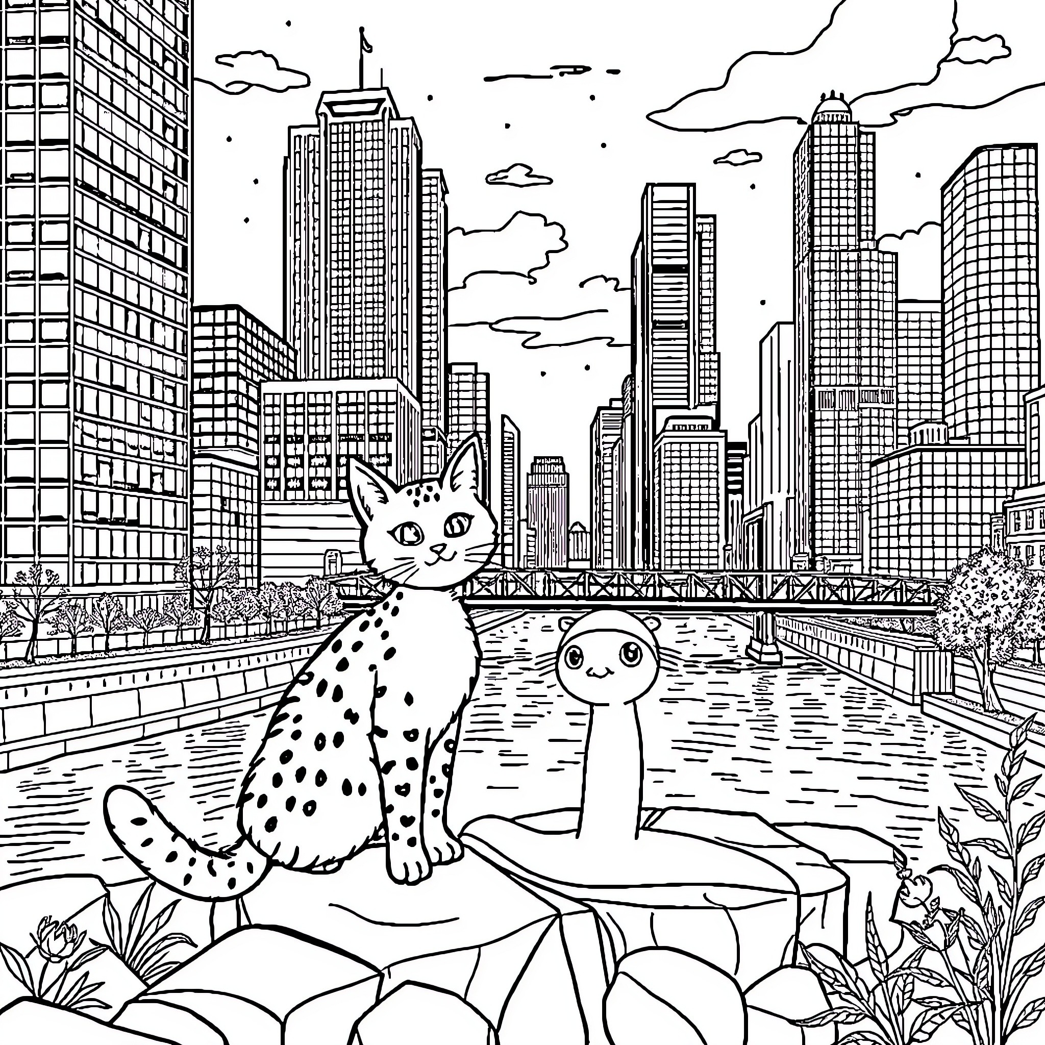 Huckle Cat and Friend in the City Skyline Coloring Page (free black-and-white line drawing printable PDF for all, from beginners to advanced learners, including children, teens, adults, and seniors)