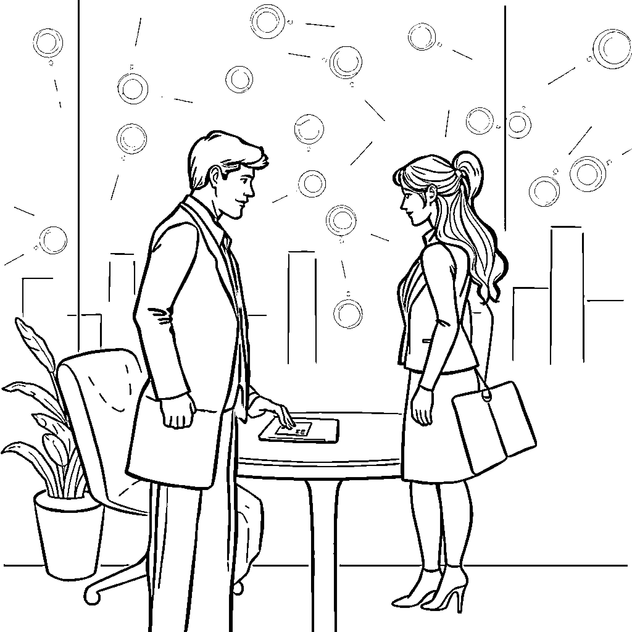 Gender Relations in Professional Setting Coloring Page (free black-and-white line drawing printable PDF for all, from beginners to advanced learners, including children, teens, adults, and seniors)
