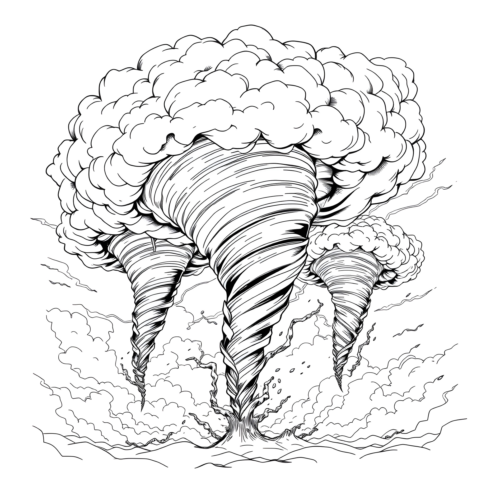 Tornado of swirling clouds and debris Coloring Page (free black-and-white line drawing printable PDF for all, from beginners to advanced learners, including children, teens, adults, and seniors)