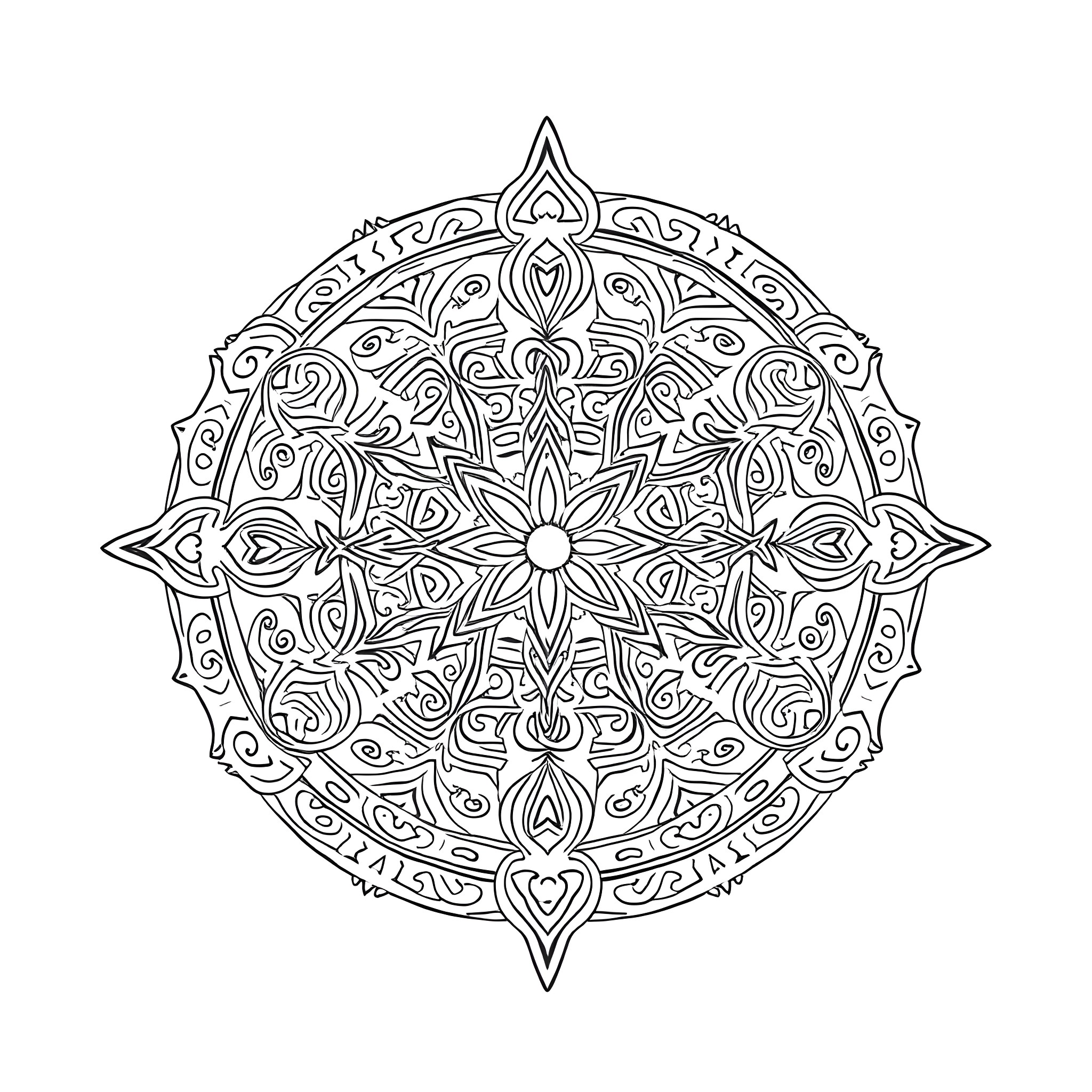 Mandala with intricate geometric patterns and floral designs Coloring Page (free black-and-white line drawing printable PDF for all, from beginners to advanced learners, including children, teens, adults, and seniors)