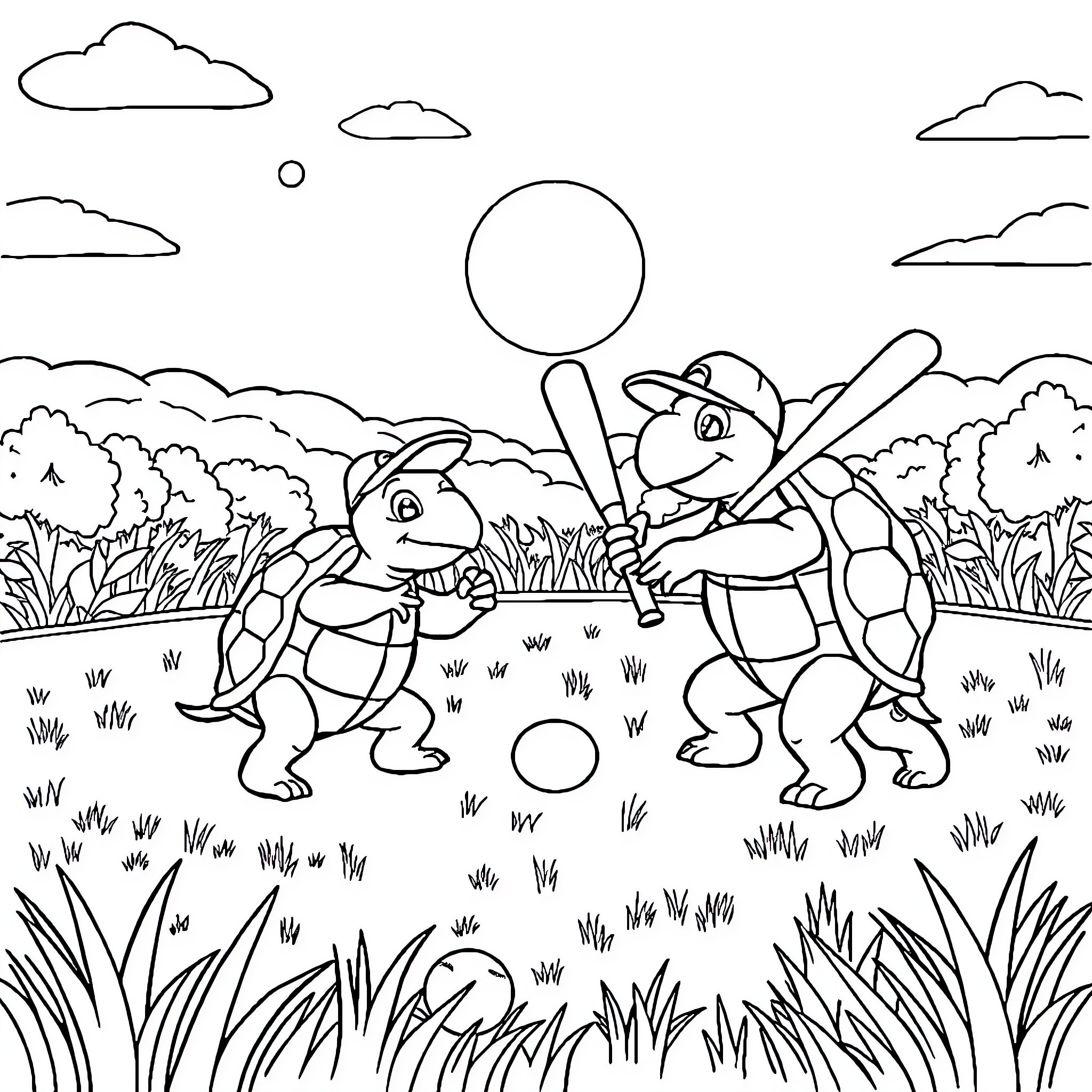 Turtle playing baseball in the field Coloring Page (free black-and-white line drawing printable PDF for all, from beginners to advanced learners, including children, teens, adults, and seniors)