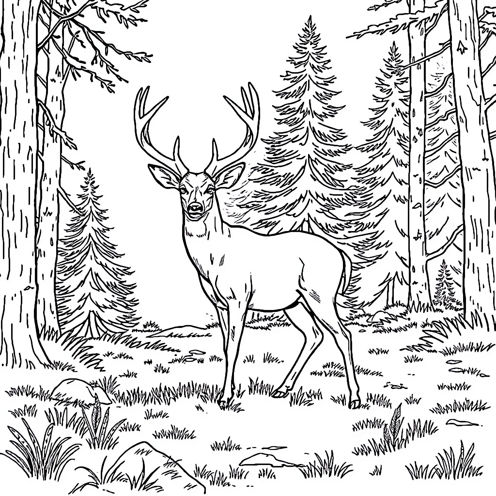 Deer standing in a forest Coloring Page (free black-and-white line drawing printable PDF for all, from beginners to advanced learners, including children, teens, adults, and seniors)
