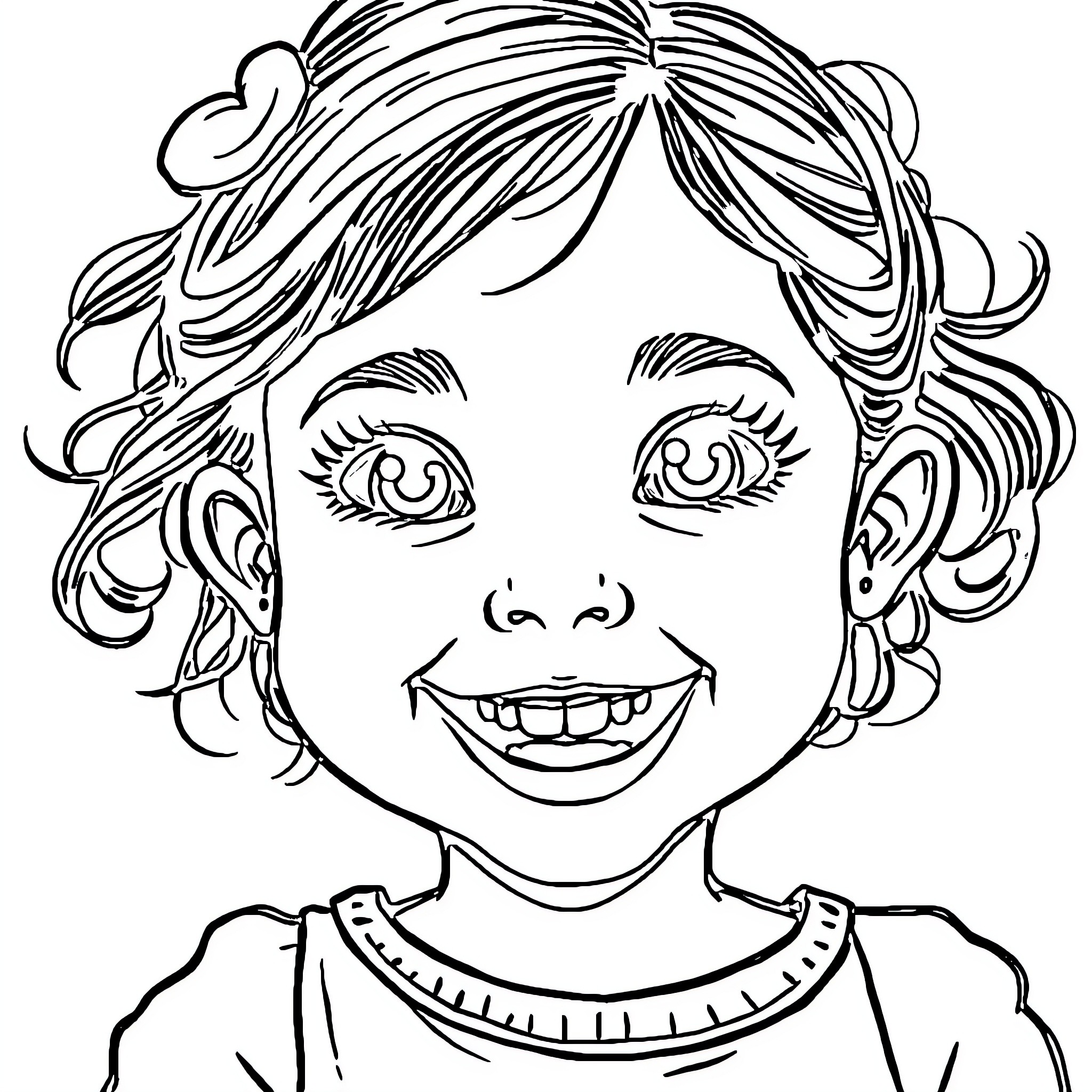 Girl with Curly Hair and Friendly Expression Coloring Page (free black-and-white line drawing printable PDF for all, from beginners to advanced learners, including children, teens, adults, and seniors)