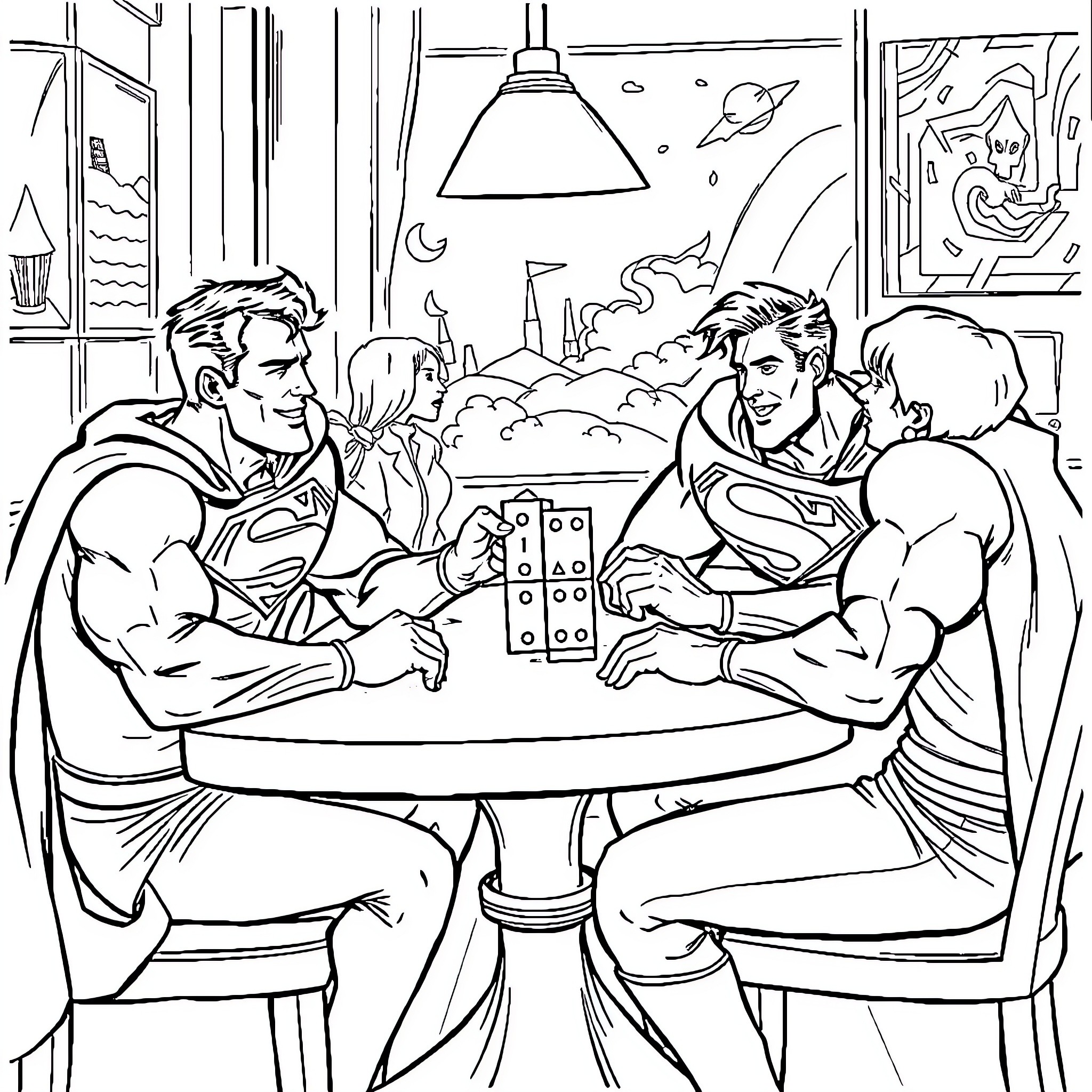 Superman Heroes Playing Board Game Together Coloring Page (free black-and-white line drawing printable PDF for all, from beginners to advanced learners, including children, teens, adults, and seniors)