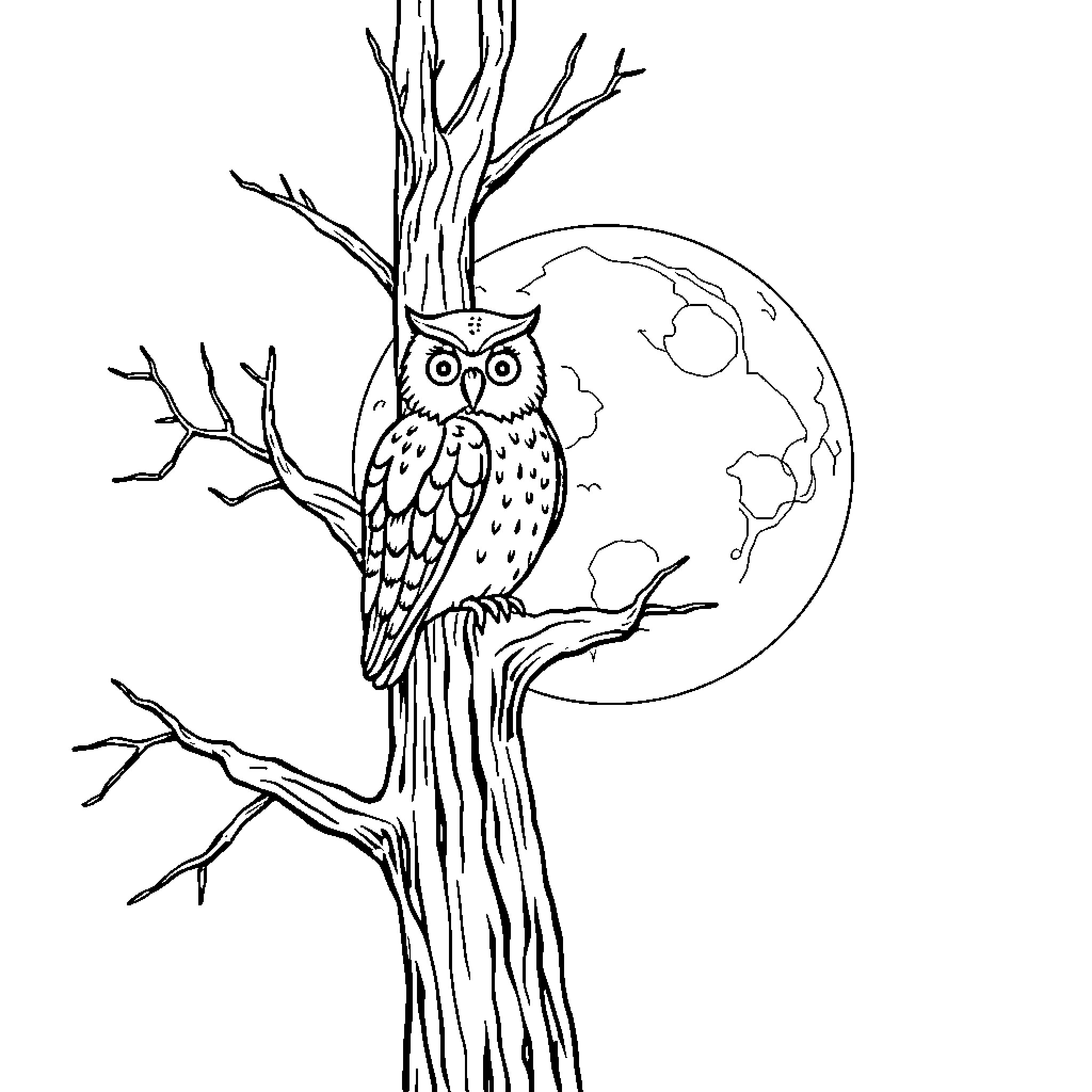 Owl perched on a tree branch under the moonlight Coloring Page (free black-and-white line drawing printable PDF for all, from beginners to advanced learners, including children, teens, adults, and seniors)
