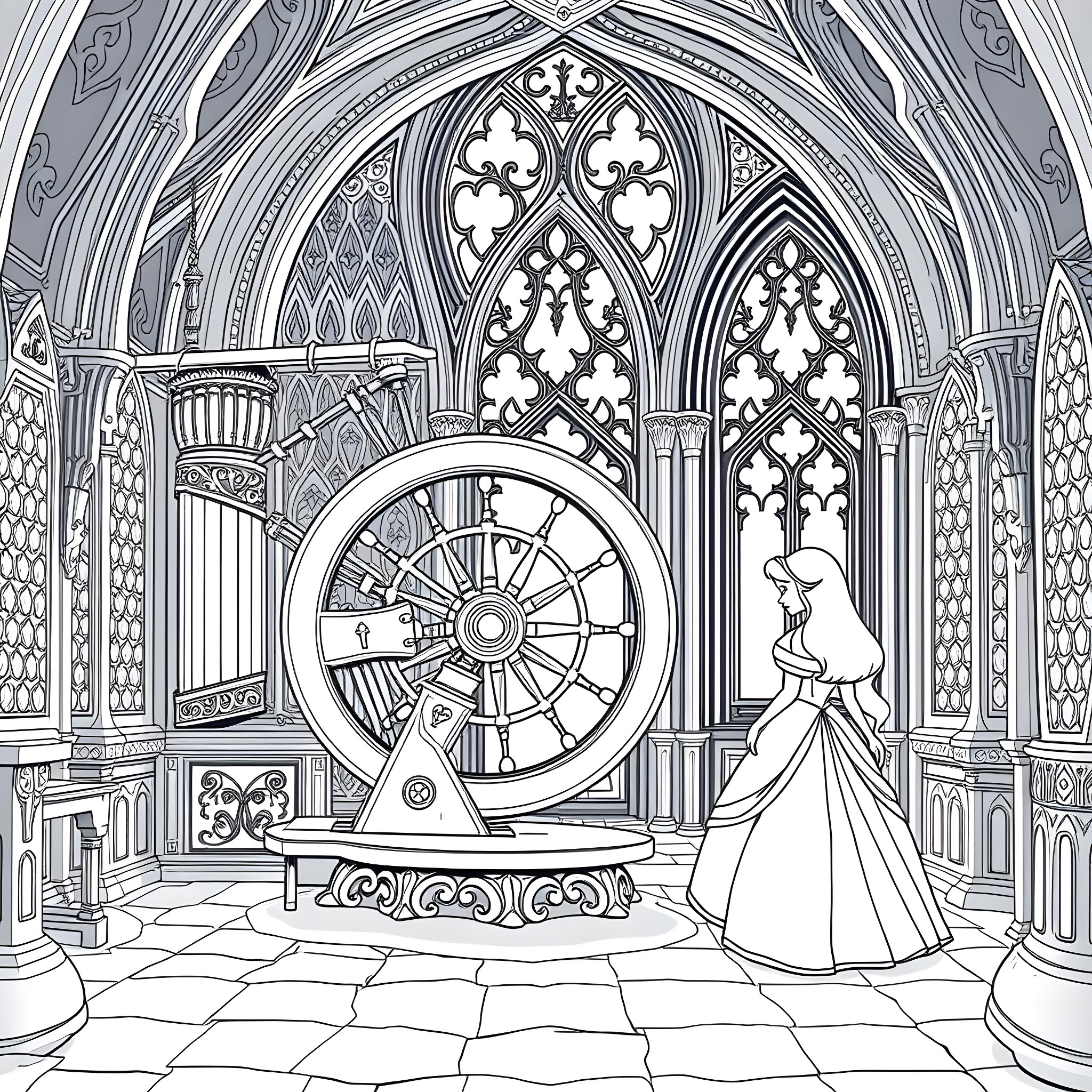 Sleeping Beauty in a Ornate Gothic Castle Coloring Page (free black-and-white line drawing printable PDF for all, from beginners to advanced learners, including children, teens, adults, and seniors)