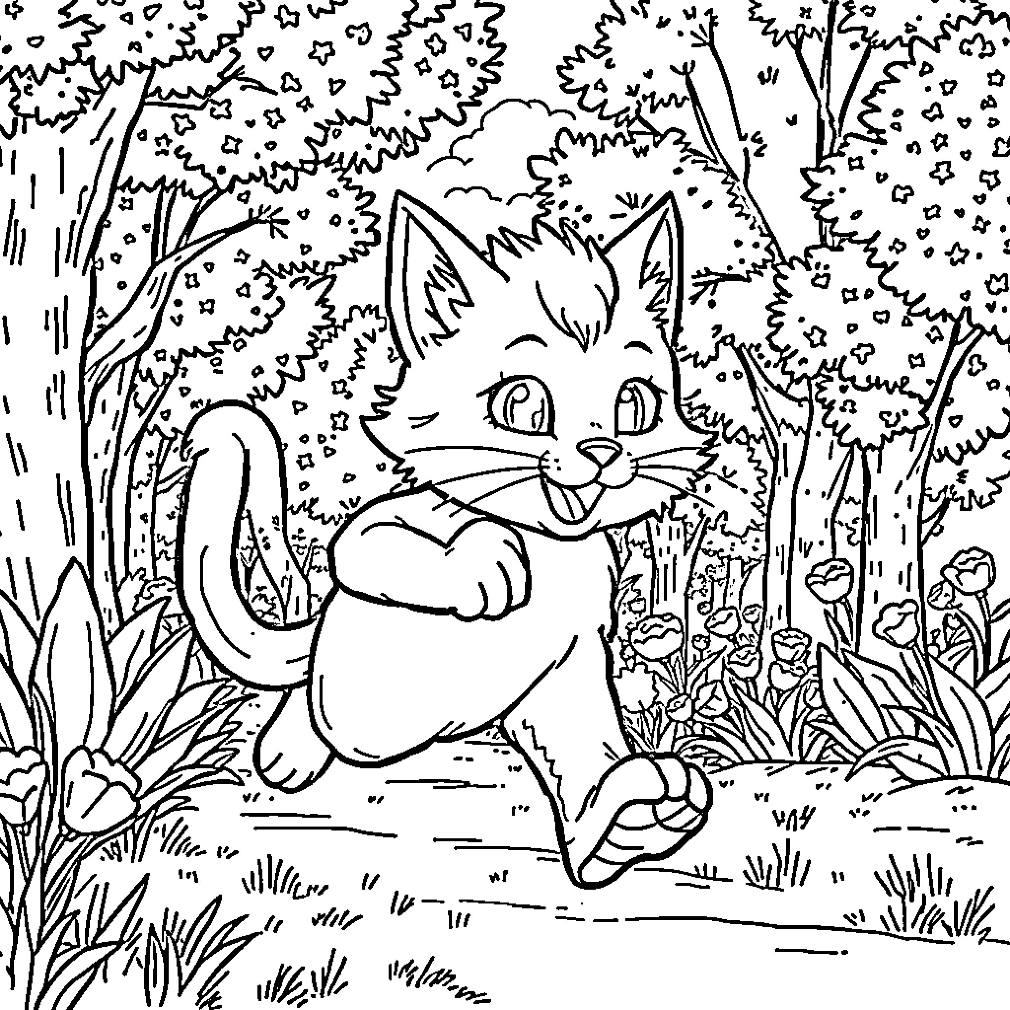 Catboy Running Joyfully Through Lush Foliage Coloring Page (free black-and-white line drawing printable PDF for all, from beginners to advanced learners, including children, teens, adults, and seniors)