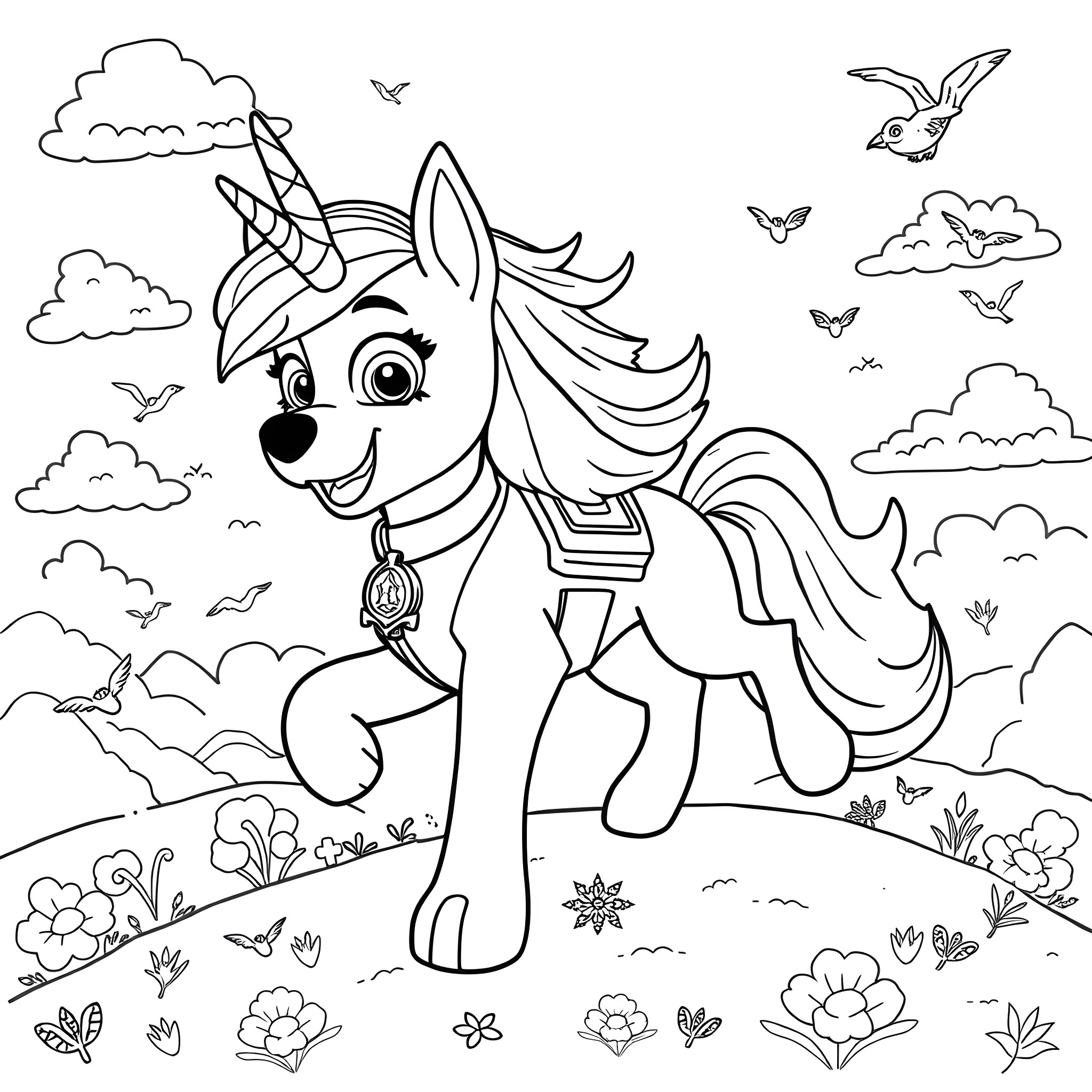 Skye's Enchanting Adventure in the Meadow Coloring Page (free black-and-white line drawing printable PDF for all, from beginners to advanced learners, including children, teens, adults, and seniors)