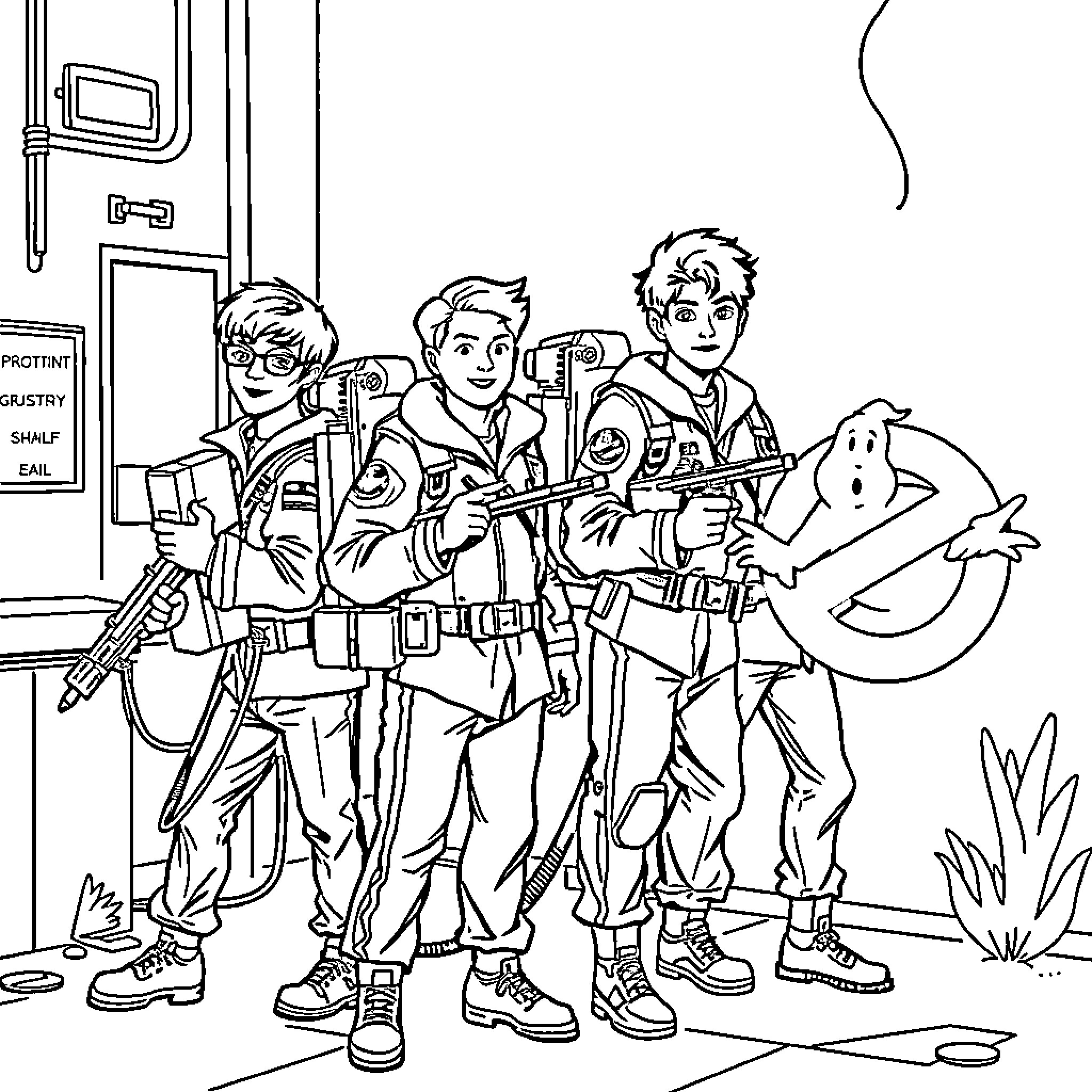 BTS Ghostbusters' Team Poses with Proton Packs Coloring Page (free black-and-white line drawing printable PDF for all, from beginners to advanced learners, including children, teens, adults, and seniors)
