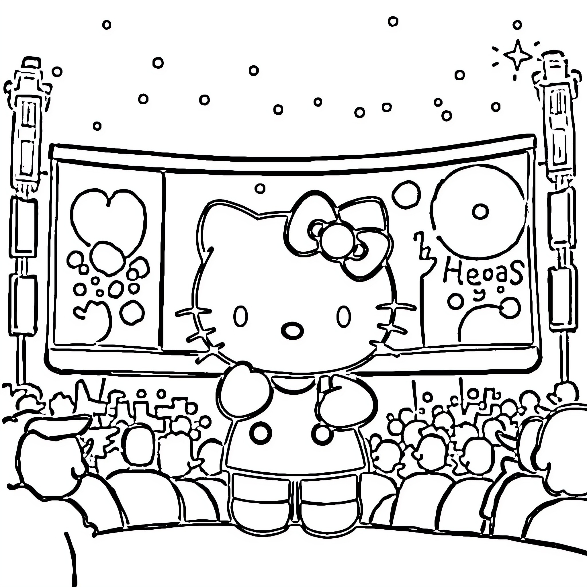 Hello Kitty performing on stage with audience Coloring Page (free black-and-white line drawing printable PDF for all, from beginners to advanced learners, including children, teens, adults, and seniors)