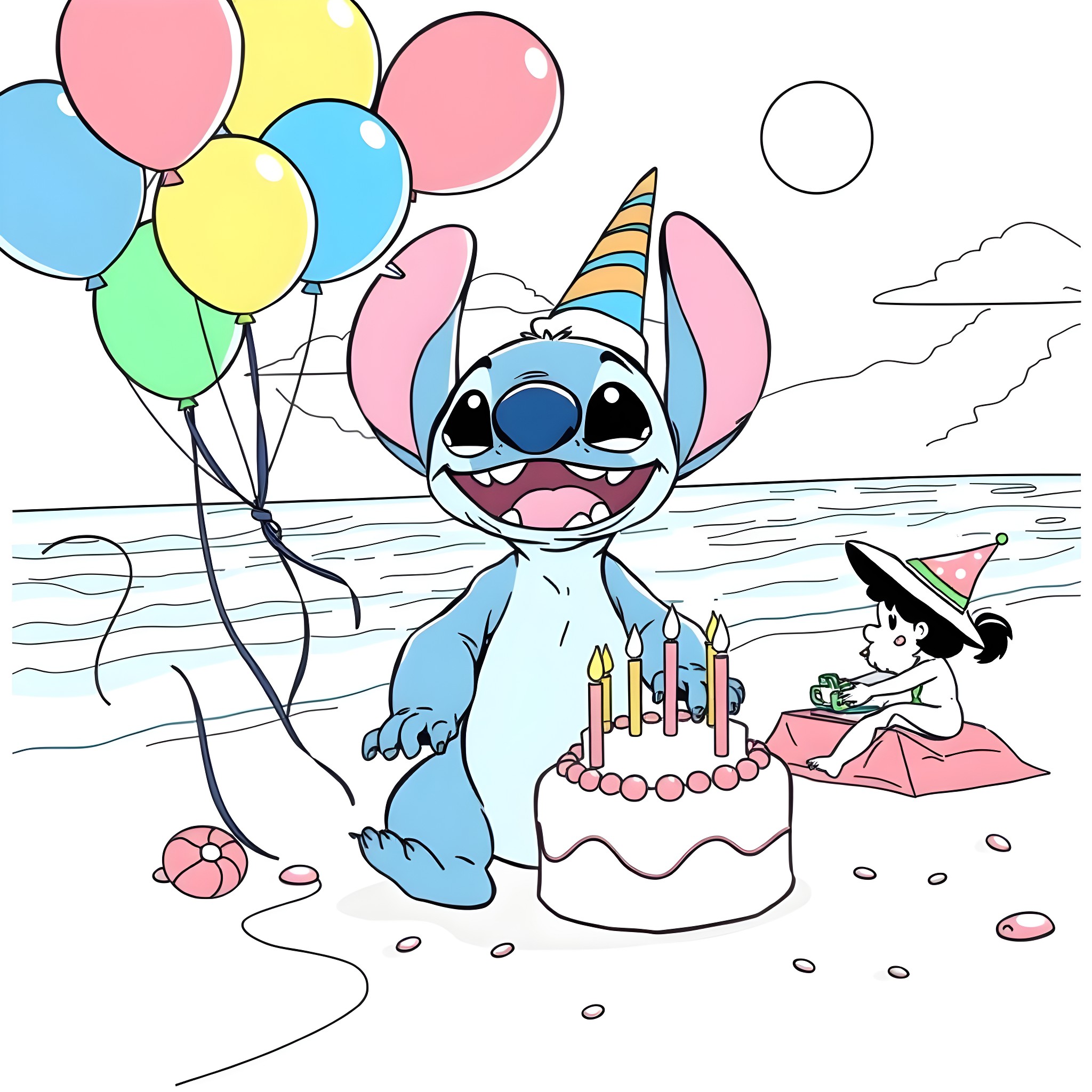 Stitch's Colorful Birthday Celebration Coloring Page (free black-and-white line drawing printable PDF for all, from beginners to advanced learners, including children, teens, adults, and seniors)