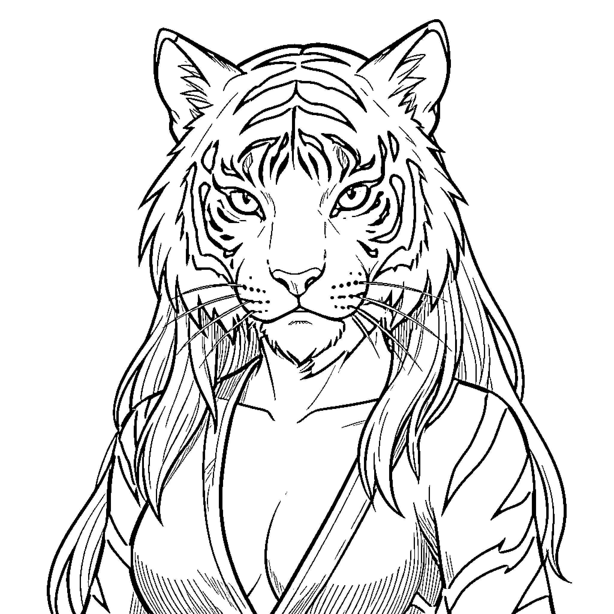 Tiger Woman with long hair posing regally Coloring Page (free black-and-white line drawing printable PDF for all, from beginners to advanced learners, including children, teens, adults, and seniors)