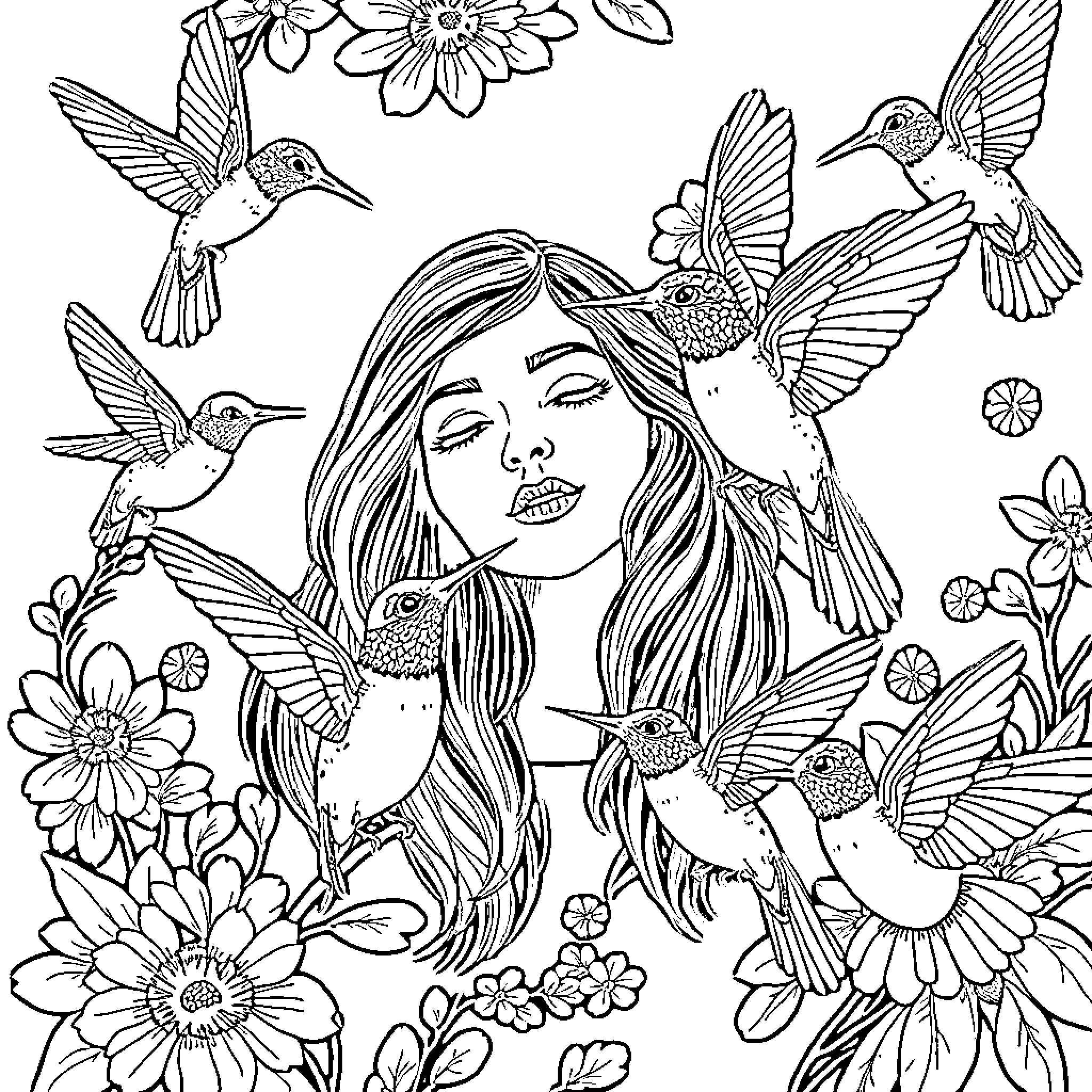 Woman surrounded by hummingbirds and flowers Coloring Page (free black-and-white line drawing printable PDF for all, from beginners to advanced learners, including children, teens, adults, and seniors)