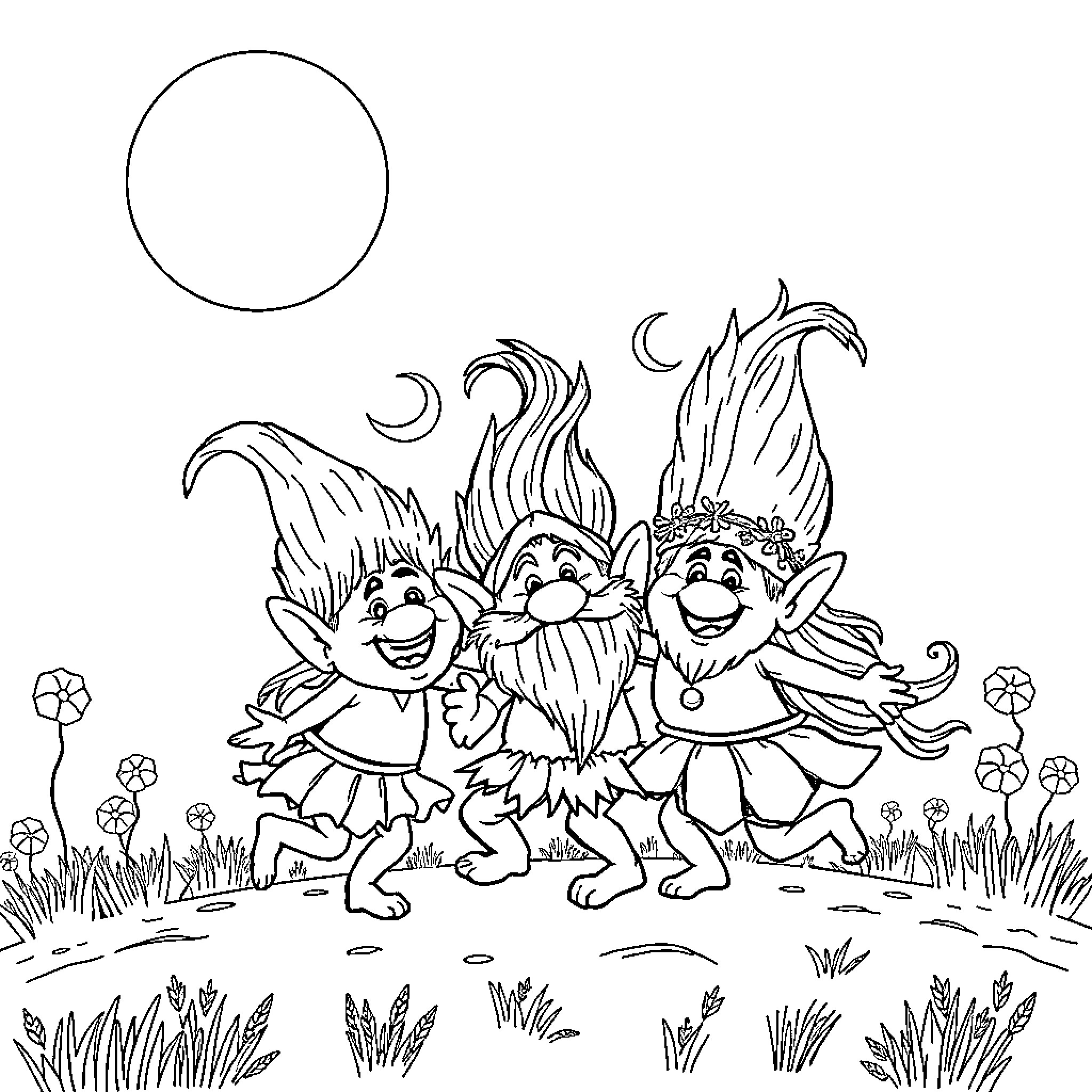 Troll Creatures Dancing and Celebrating in Nature Coloring Page (free black-and-white line drawing printable PDF for all, from beginners to advanced learners, including children, teens, adults, and seniors)