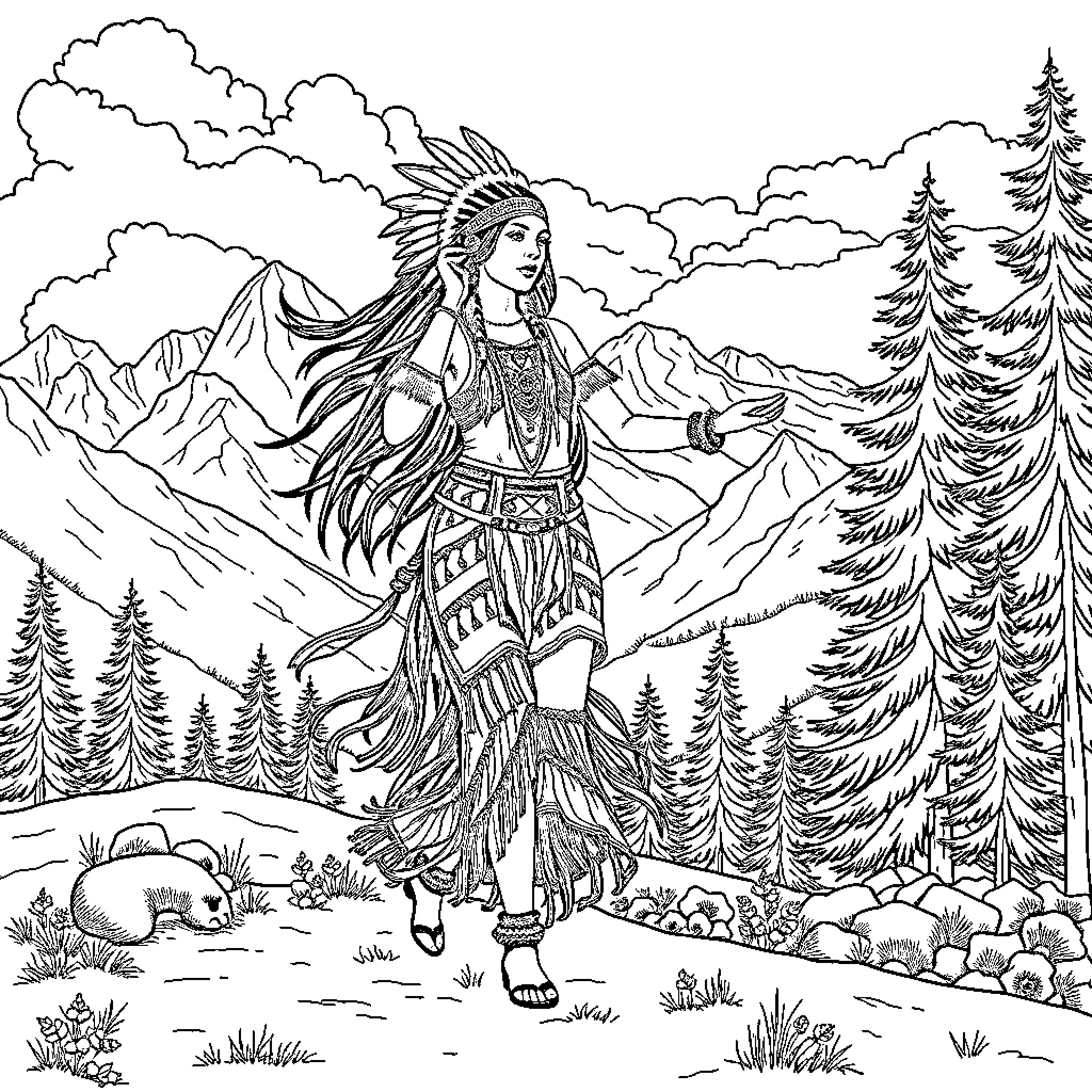 Jingle Dancer in Mountainous Landscape Coloring Page (free black-and-white line drawing printable PDF for all, from beginners to advanced learners, including children, teens, adults, and seniors)