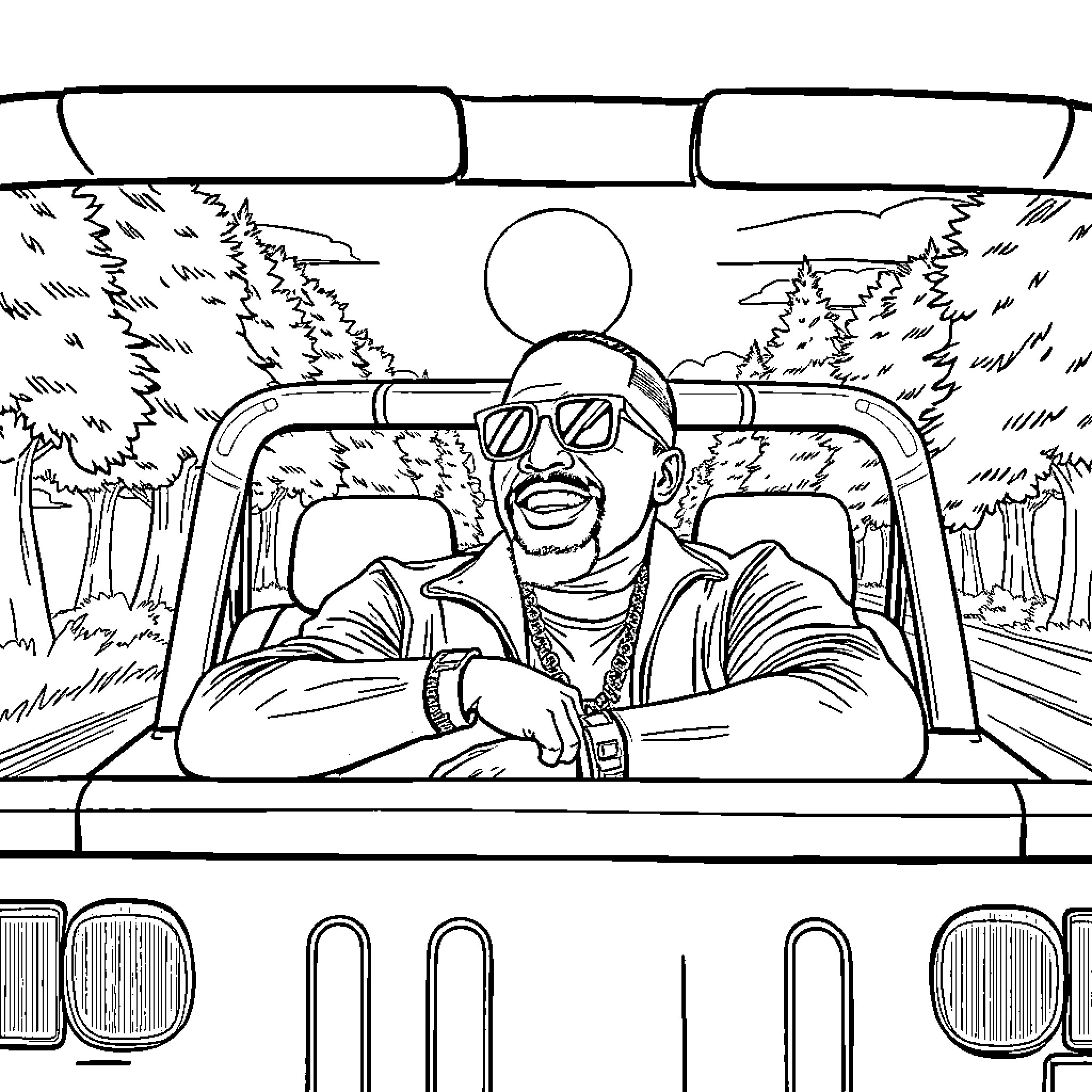 LL Cool J driving his car on a scenic road Coloring Page (free black-and-white line drawing printable PDF for all, from beginners to advanced learners, including children, teens, adults, and seniors)