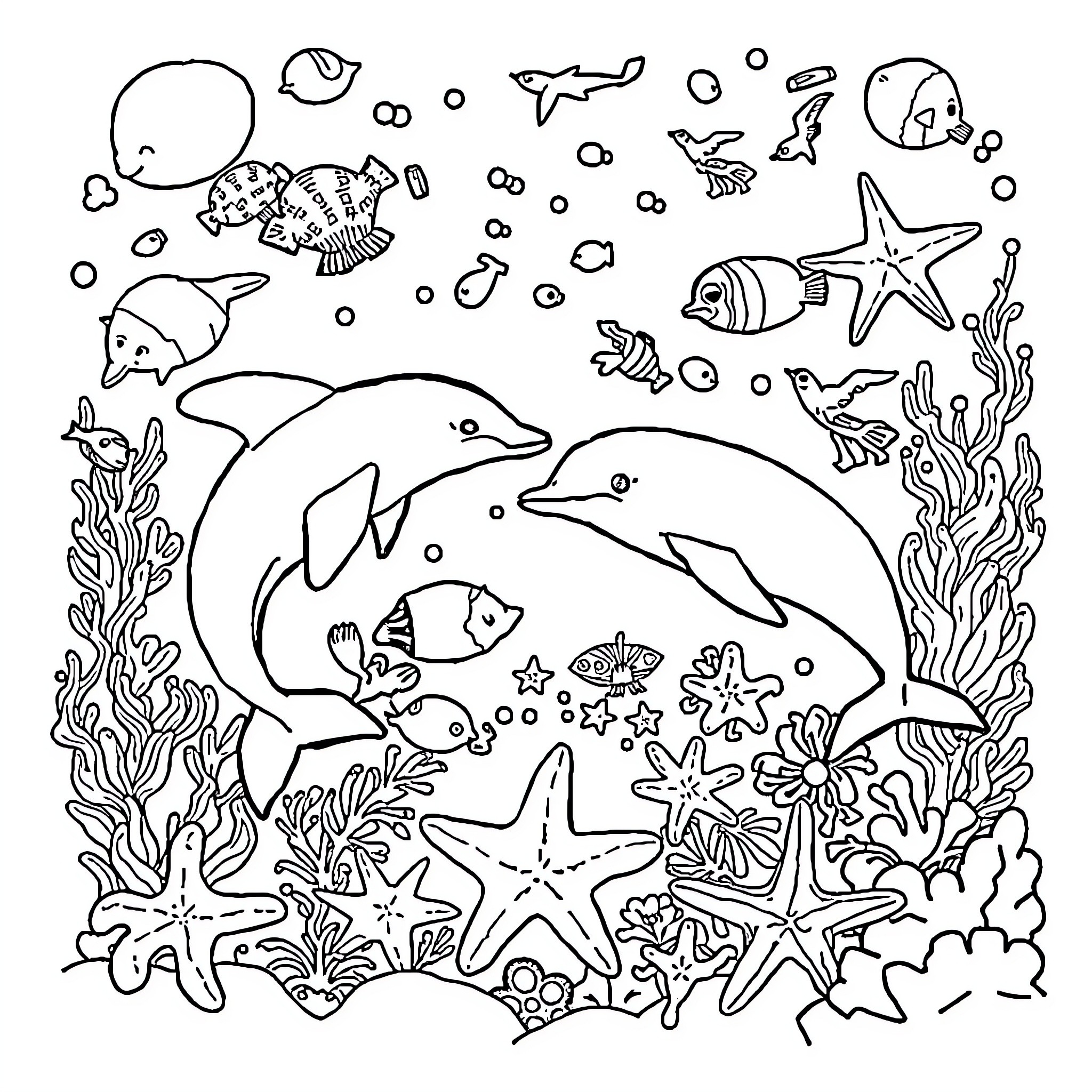 Sea Creatures Playing in the Underwater World Coloring Page (free black-and-white line drawing printable PDF for all, from beginners to advanced learners, including children, teens, adults, and seniors)