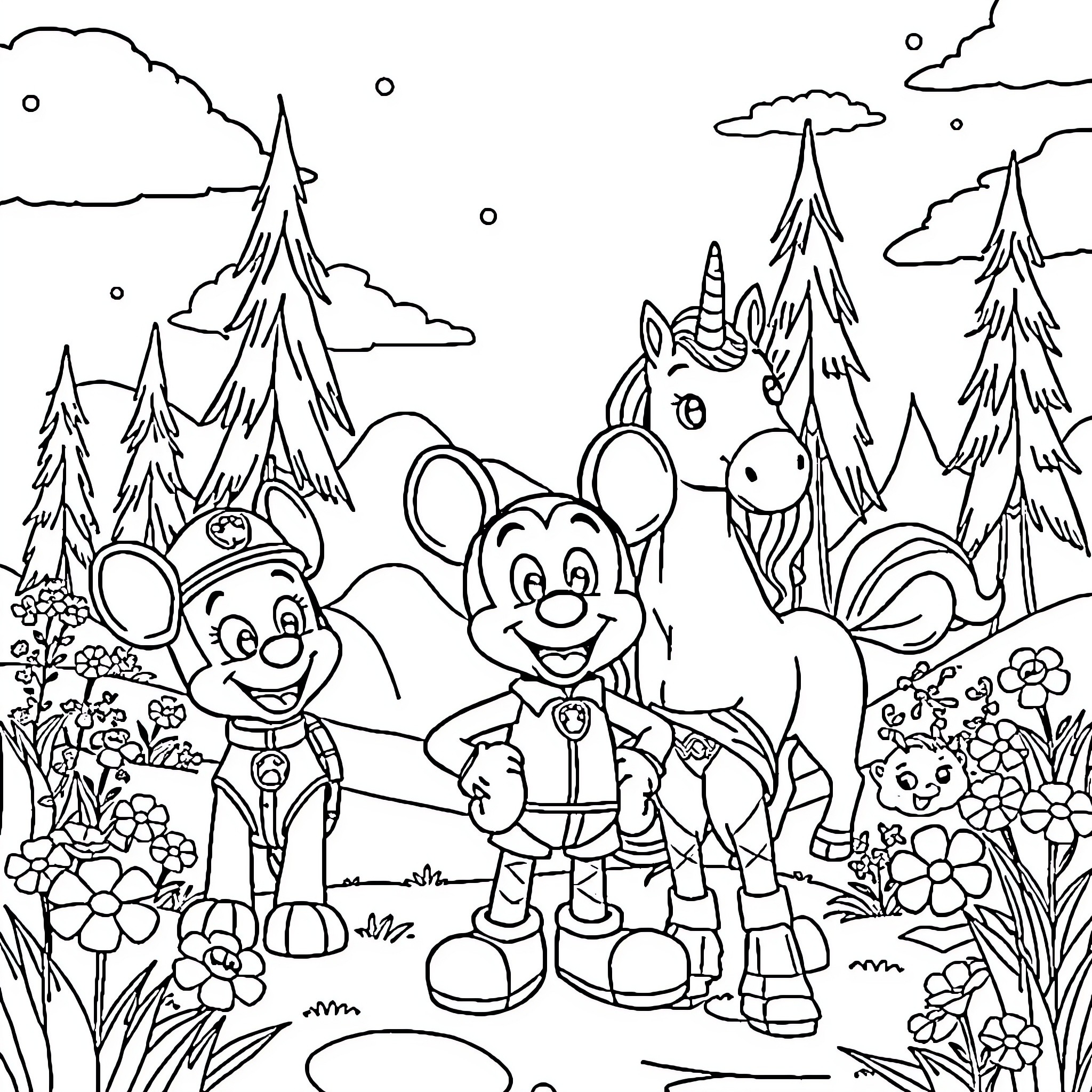 Mickey Mouse and friends explore a magical forest Coloring Page (free black-and-white line drawing printable PDF for all, from beginners to advanced learners, including children, teens, adults, and seniors)