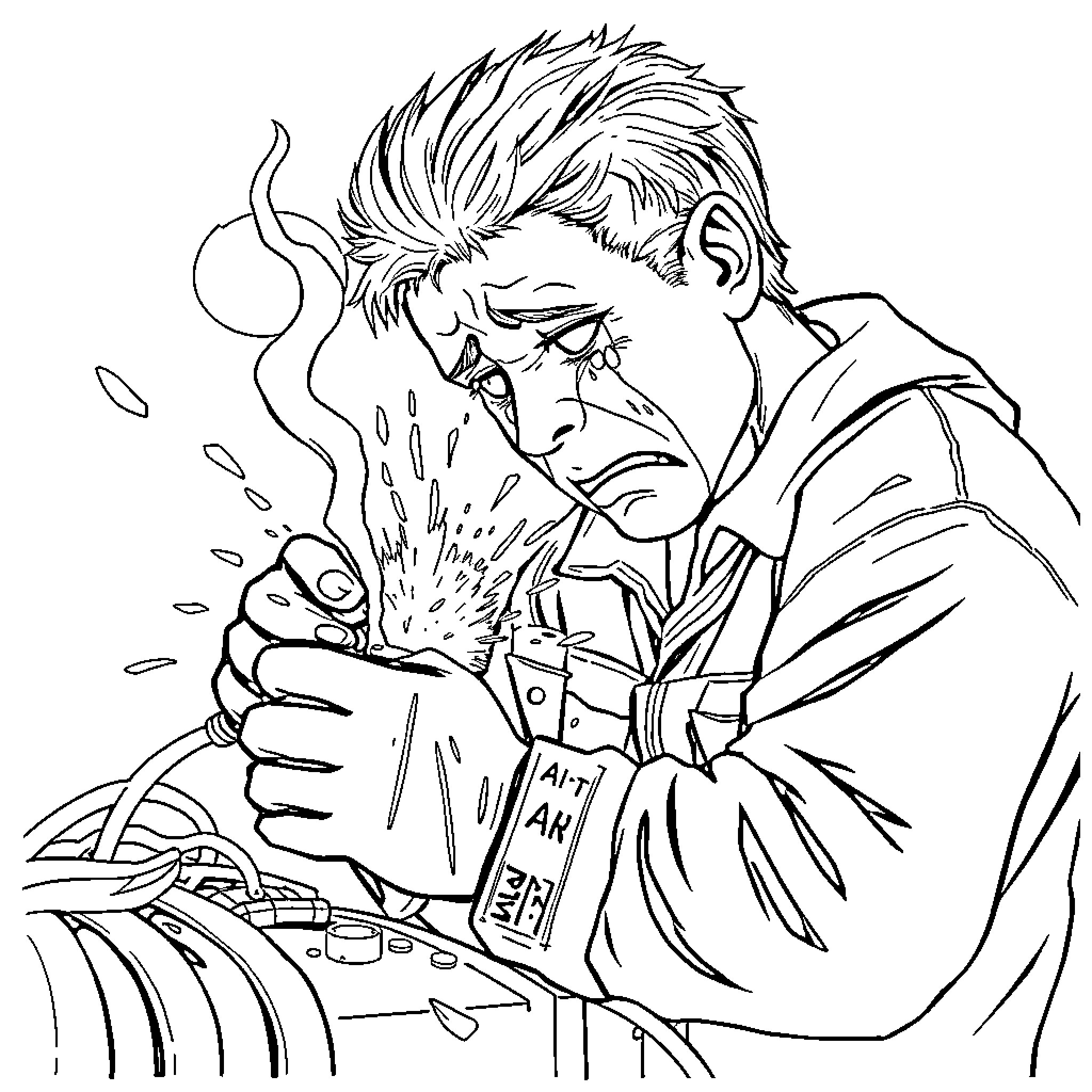 Crybaby Weeping Profusely Over Fallen Items Coloring Page (free black-and-white line drawing printable PDF for all, from beginners to advanced learners, including children, teens, adults, and seniors)