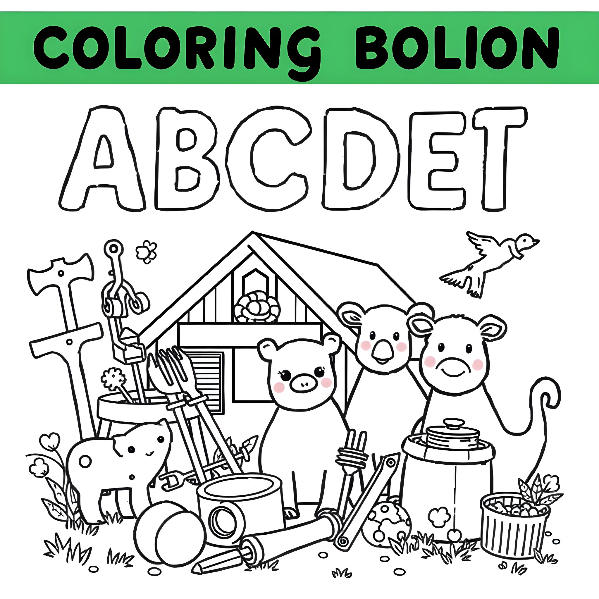 Alphabet Animals in Cozy Countryside Scene Coloring Page (free black-and-white line drawing printable PDF for all, from beginners to advanced learners, including children, teens, adults, and seniors)