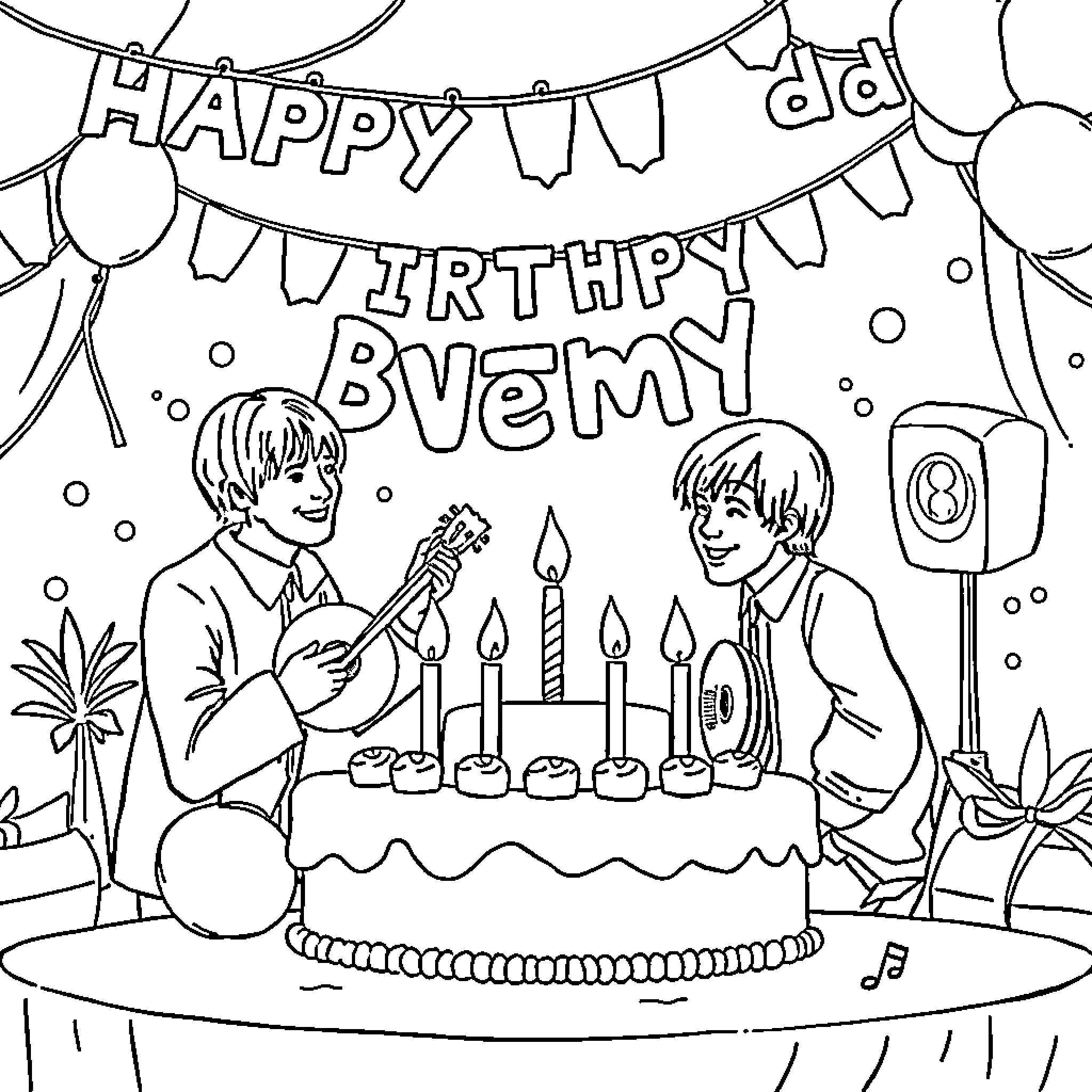 Beatles Celebrate Happy Birthday Party with Cake and Music Coloring Page (free black-and-white line drawing printable PDF for all, from beginners to advanced learners, including children, teens, adults, and seniors)