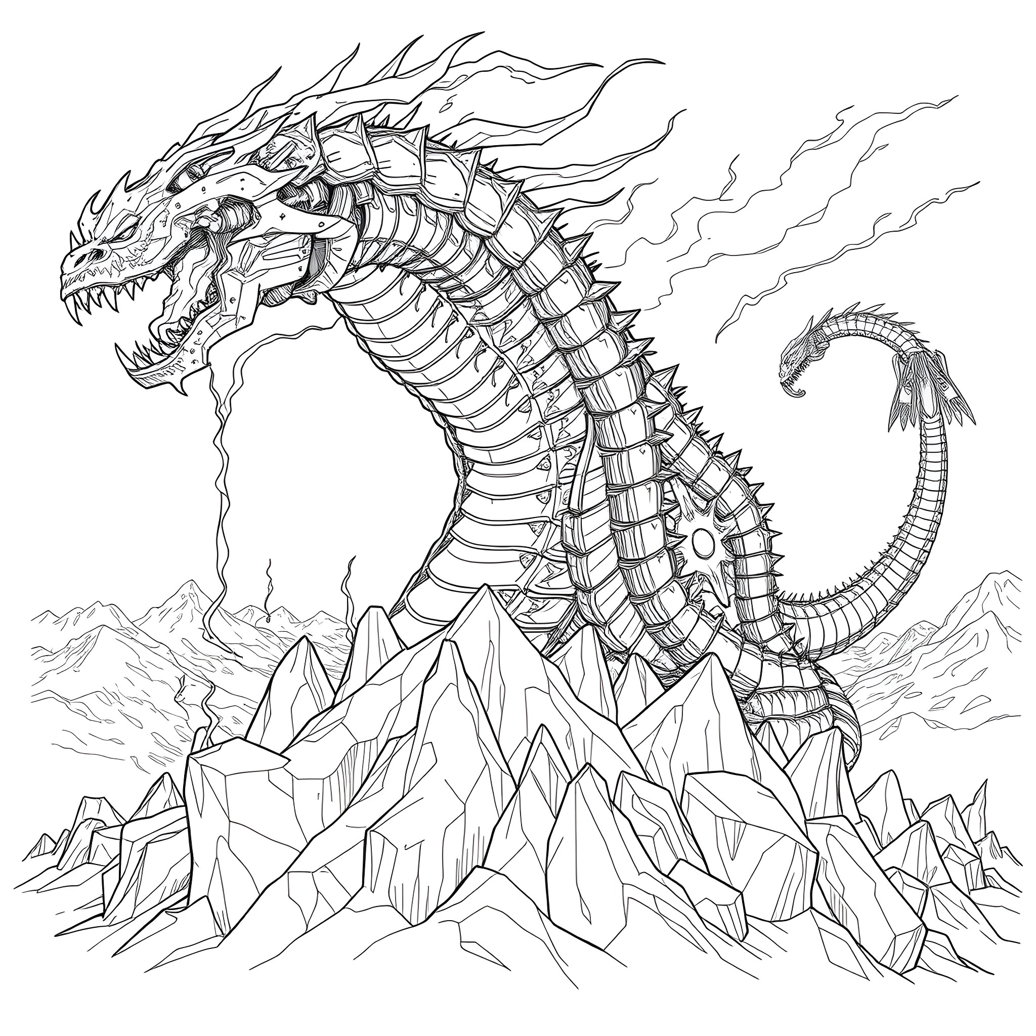 Mecha Hydra Unleashing Fiery Wrath Upon Rugged Terrain Coloring Page (free black-and-white line drawing printable PDF for all, from beginners to advanced learners, including children, teens, adults, and seniors)
