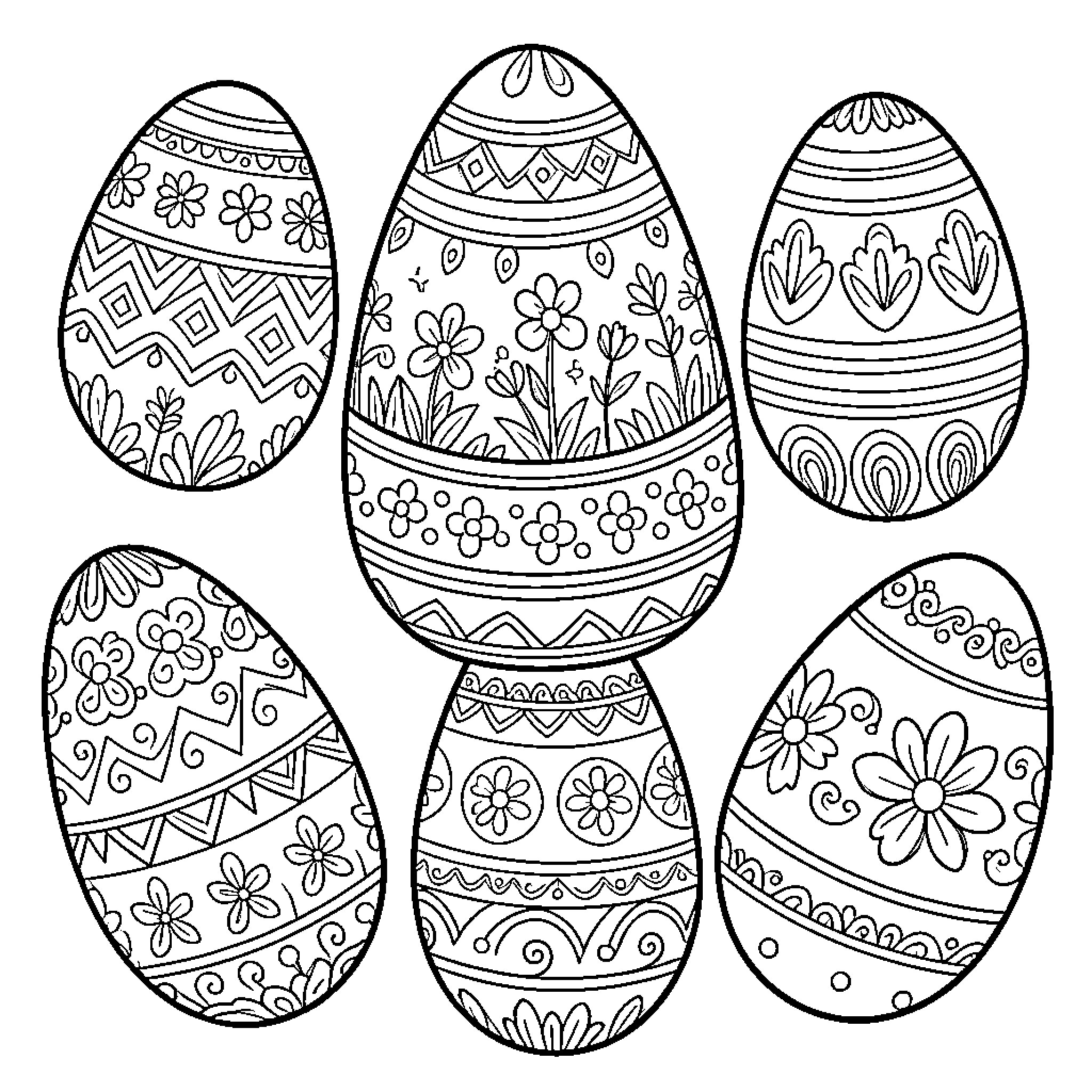 Easter Egg Designs with Floral and Geometric Patterns Coloring Page (free black-and-white line drawing printable PDF for all, from beginners to advanced learners, including children, teens, adults, and seniors)