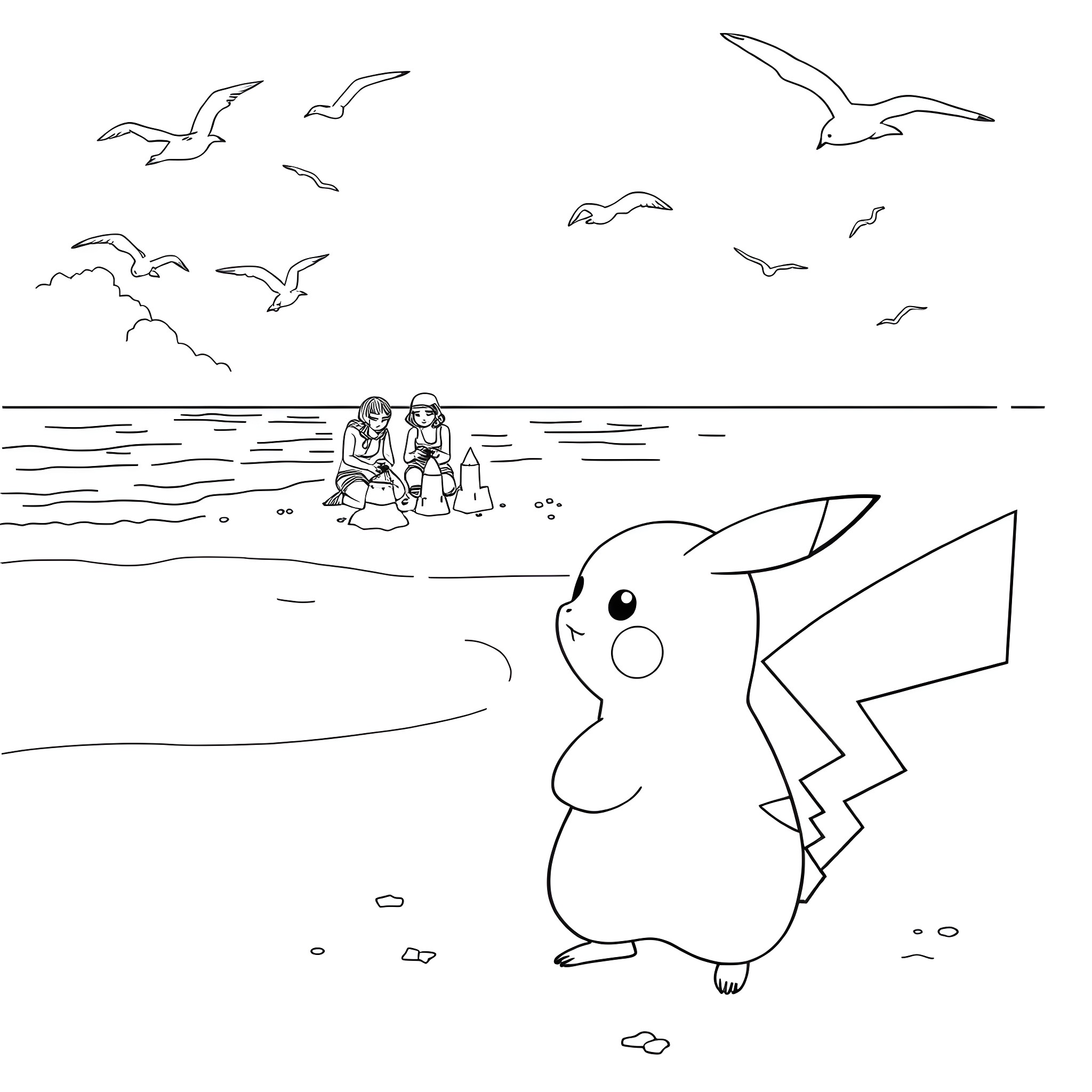 Pikachu enjoying the beach with friends Coloring Page (free black-and-white line drawing printable PDF for all, from beginners to advanced learners, including children, teens, adults, and seniors)