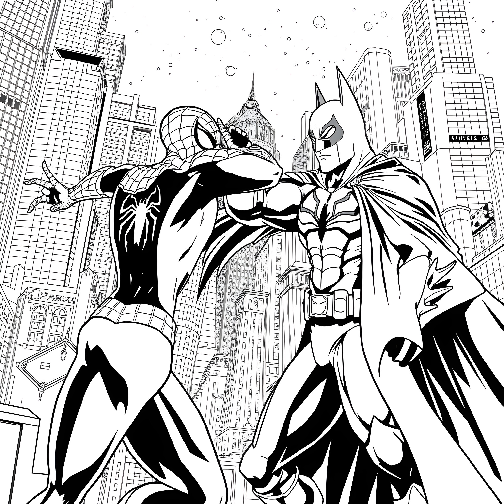 Spiderman and Batman fight together in the city Coloring Page (free black-and-white line drawing printable PDF for all, from beginners to advanced learners, including children, teens, adults, and seniors)