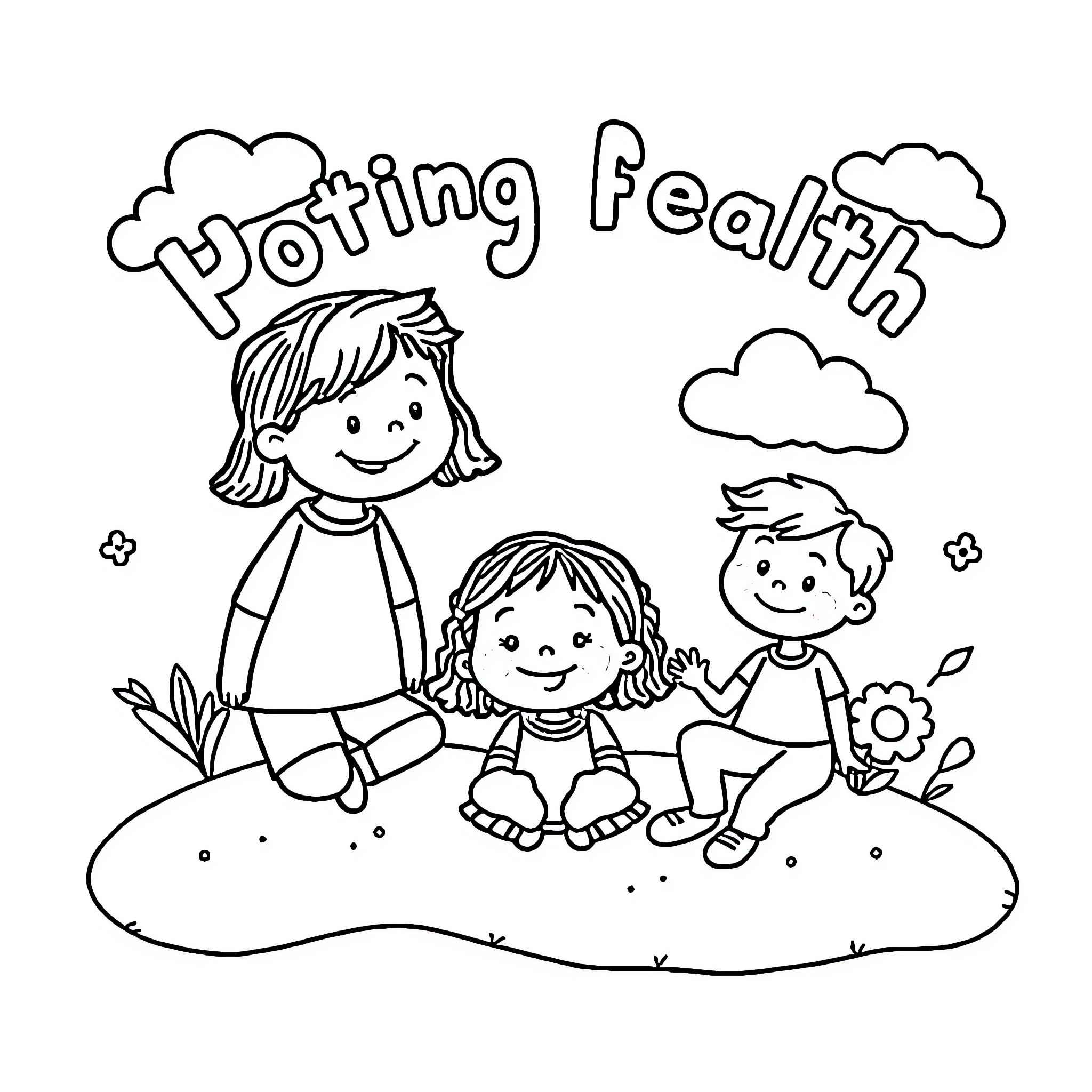 Mental Health: Hopeful Children Playing Together Coloring Page (free black-and-white line drawing printable PDF for all, from beginners to advanced learners, including children, teens, adults, and seniors)