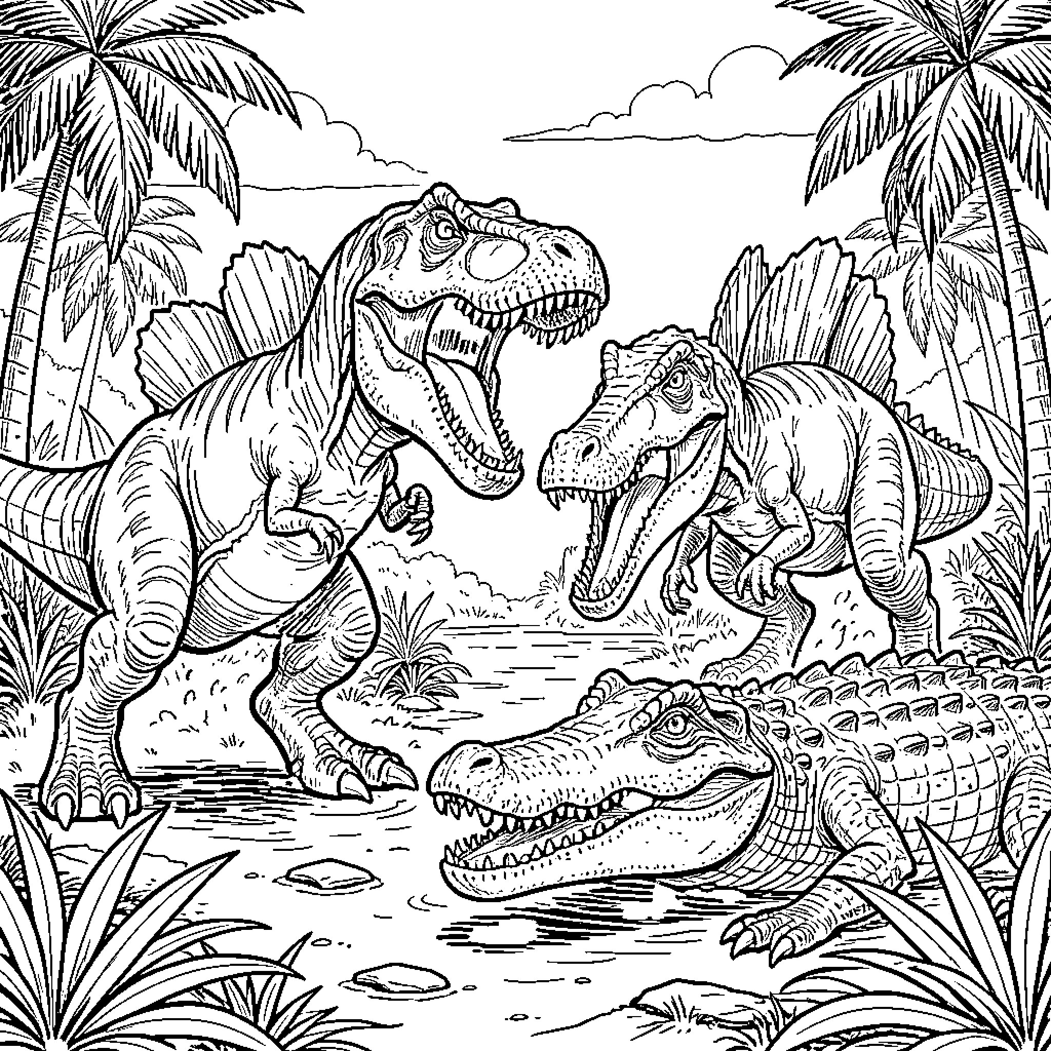 Tyrannosaurus Rex Confronts Alligators in Tropical Jungle Coloring Page (free black-and-white line drawing printable PDF for all, from beginners to advanced learners, including children, teens, adults, and seniors)